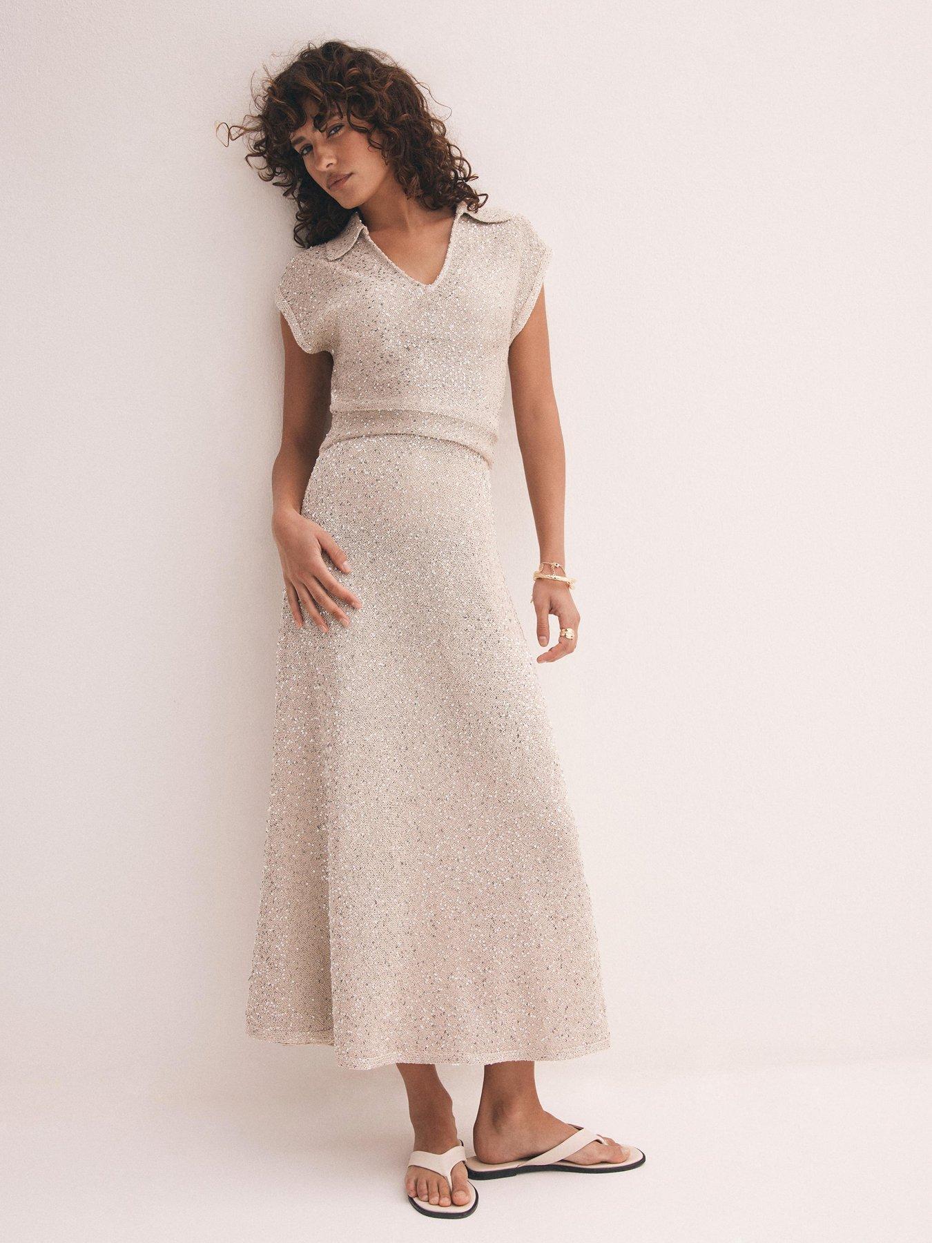 Image 2 of 6 of Mint Velvet Neutral Sequin Midi Dress - Beige