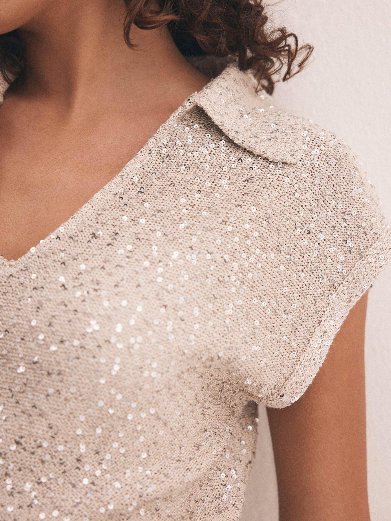 Image 4 of 6 of Mint Velvet Neutral Sequin Midi Dress - Beige