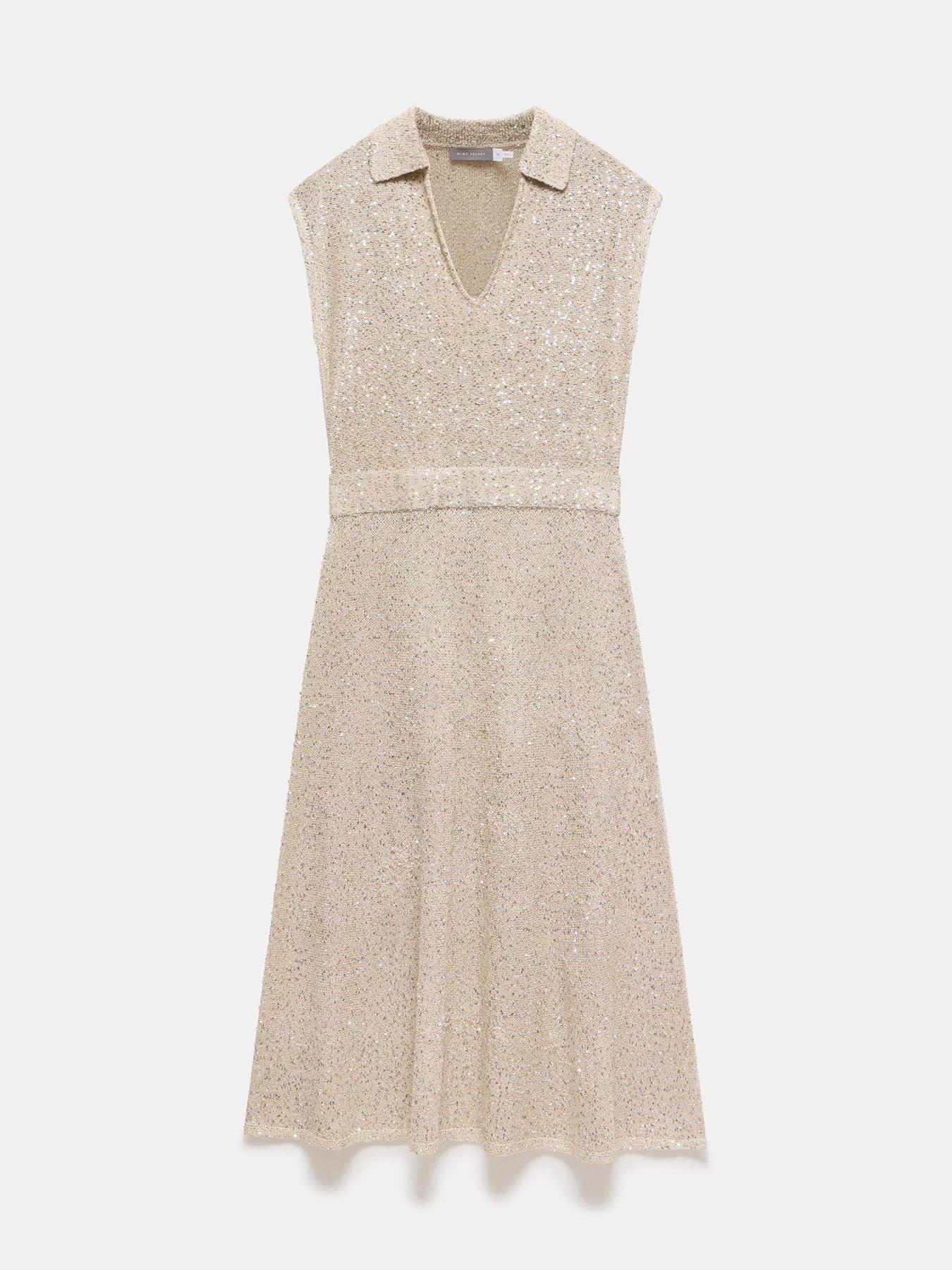 Image 5 of 6 of Mint Velvet Neutral Sequin Midi Dress - Beige