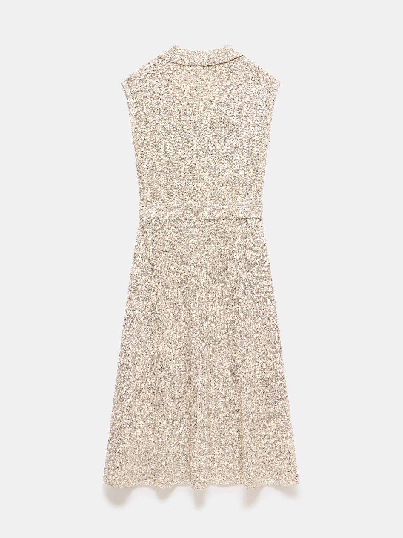 Image 6 of 6 of Mint Velvet Neutral Sequin Midi Dress - Beige