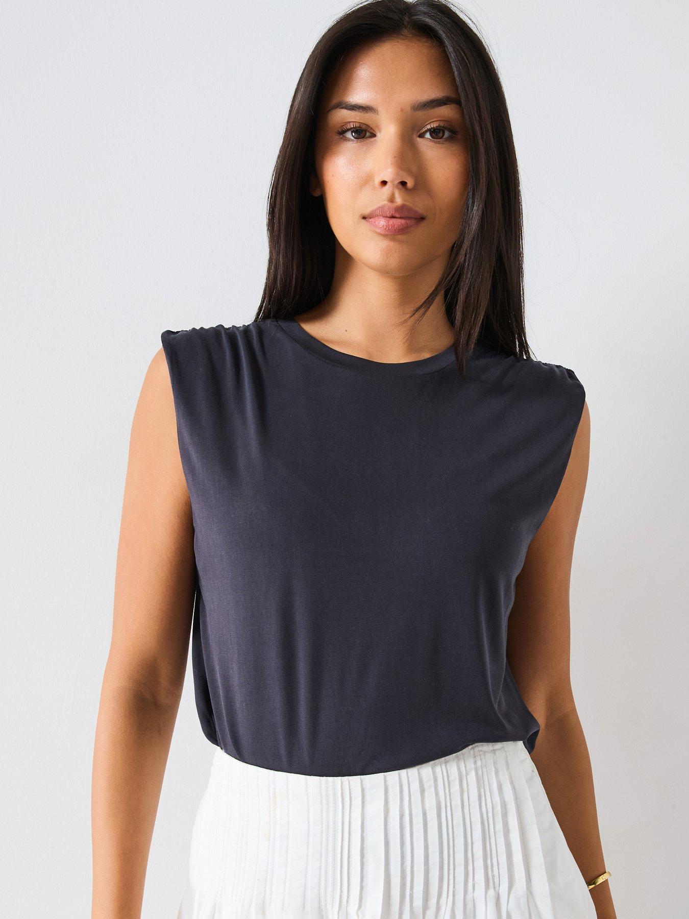 Image 1 of 6 of Mango Flowy T Shirt With Gathered Shoulders - Dark Grey