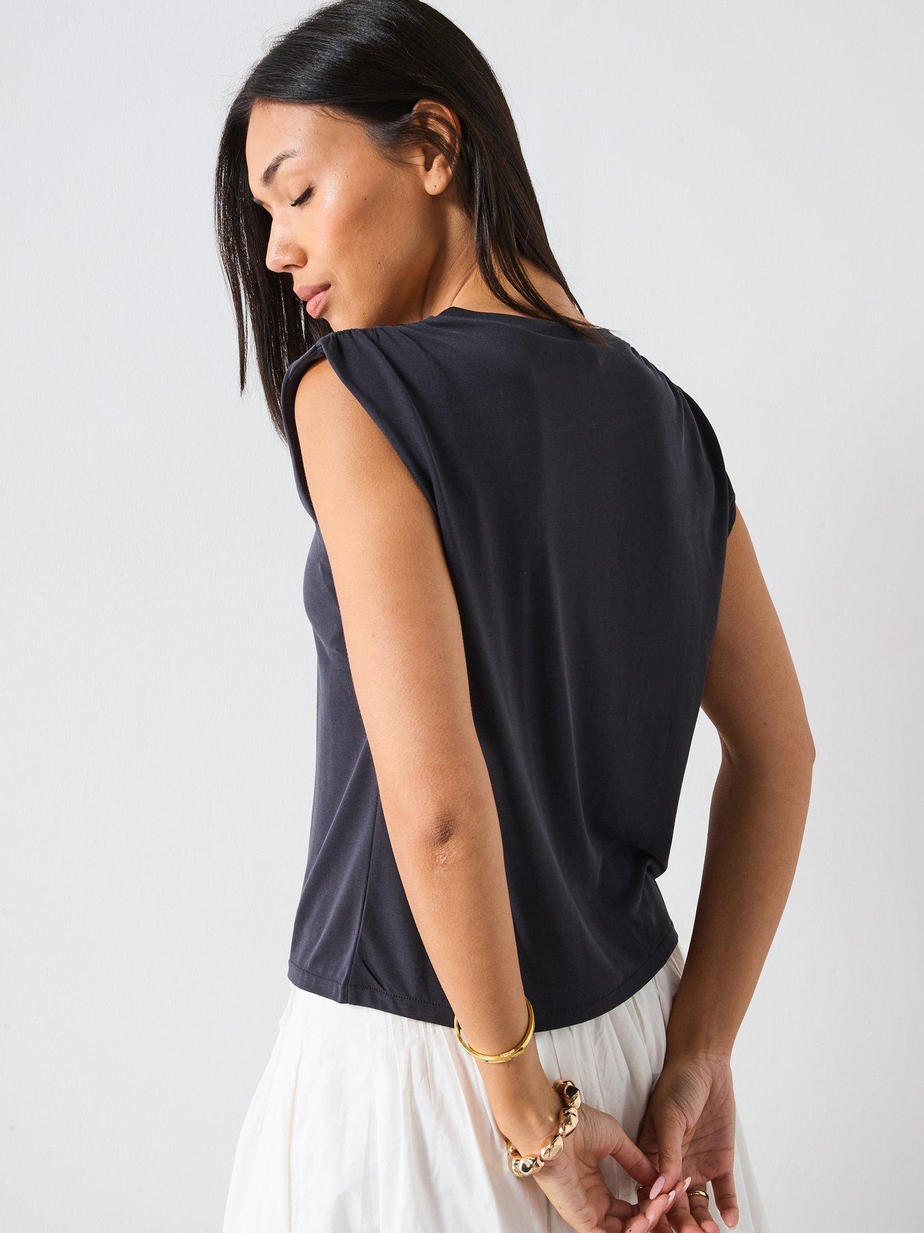 Image 2 of 6 of Mango Flowy T Shirt With Gathered Shoulders - Dark Grey