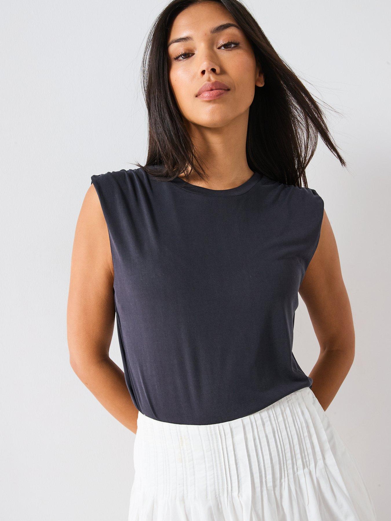 Image 4 of 6 of Mango Flowy T Shirt With Gathered Shoulders - Dark Grey
