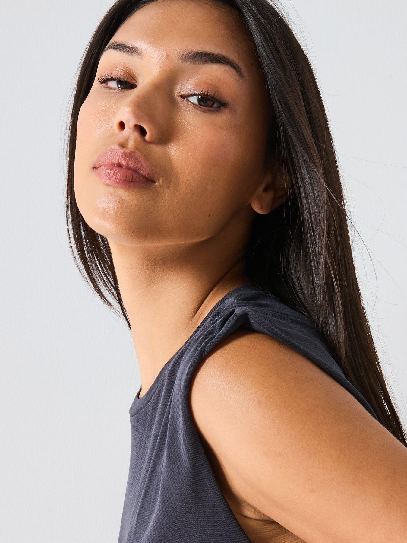 Image 6 of 6 of Mango Flowy T Shirt With Gathered Shoulders - Dark Grey
