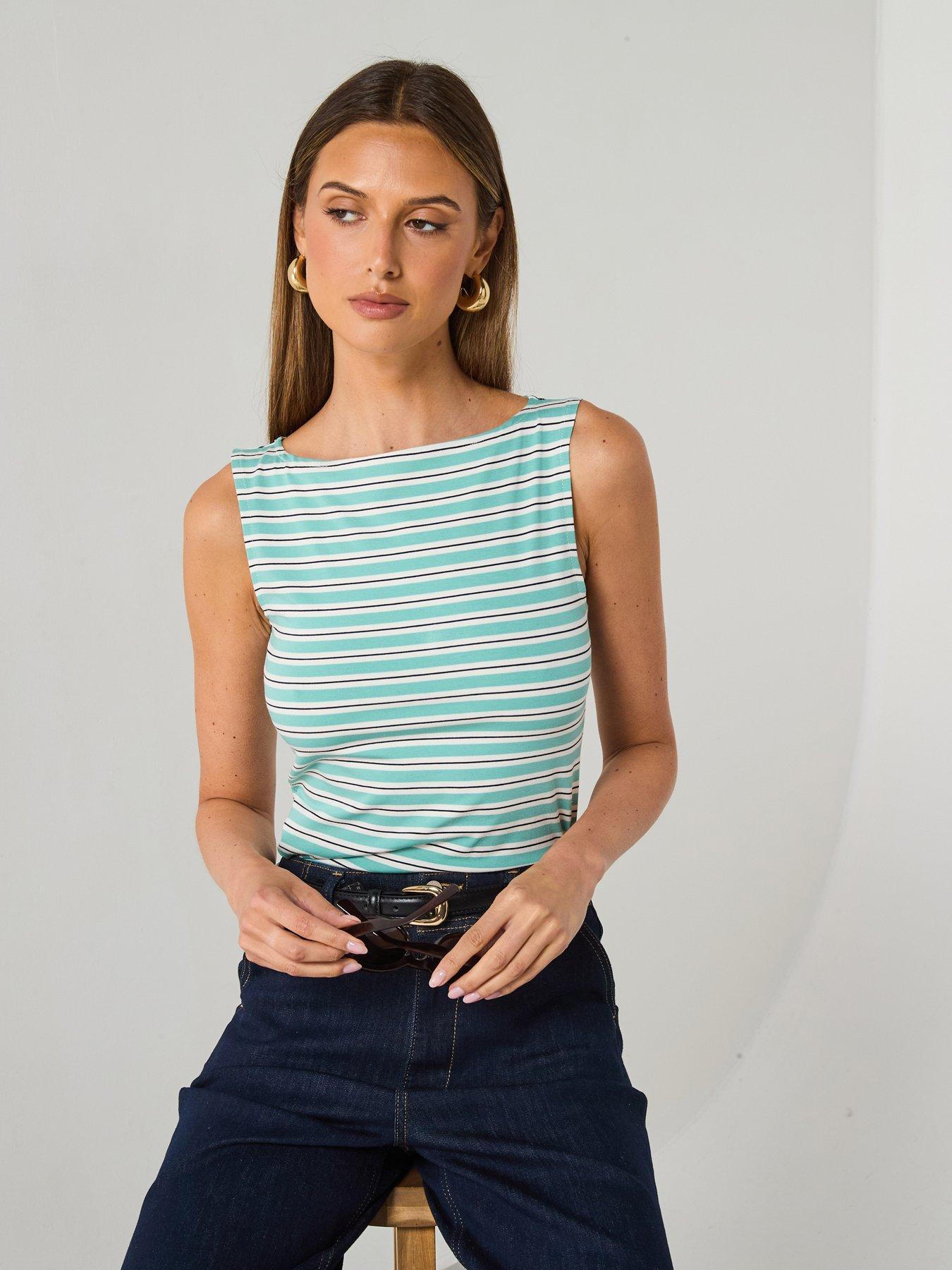 Mango Striped Boat-Neck Top - Green