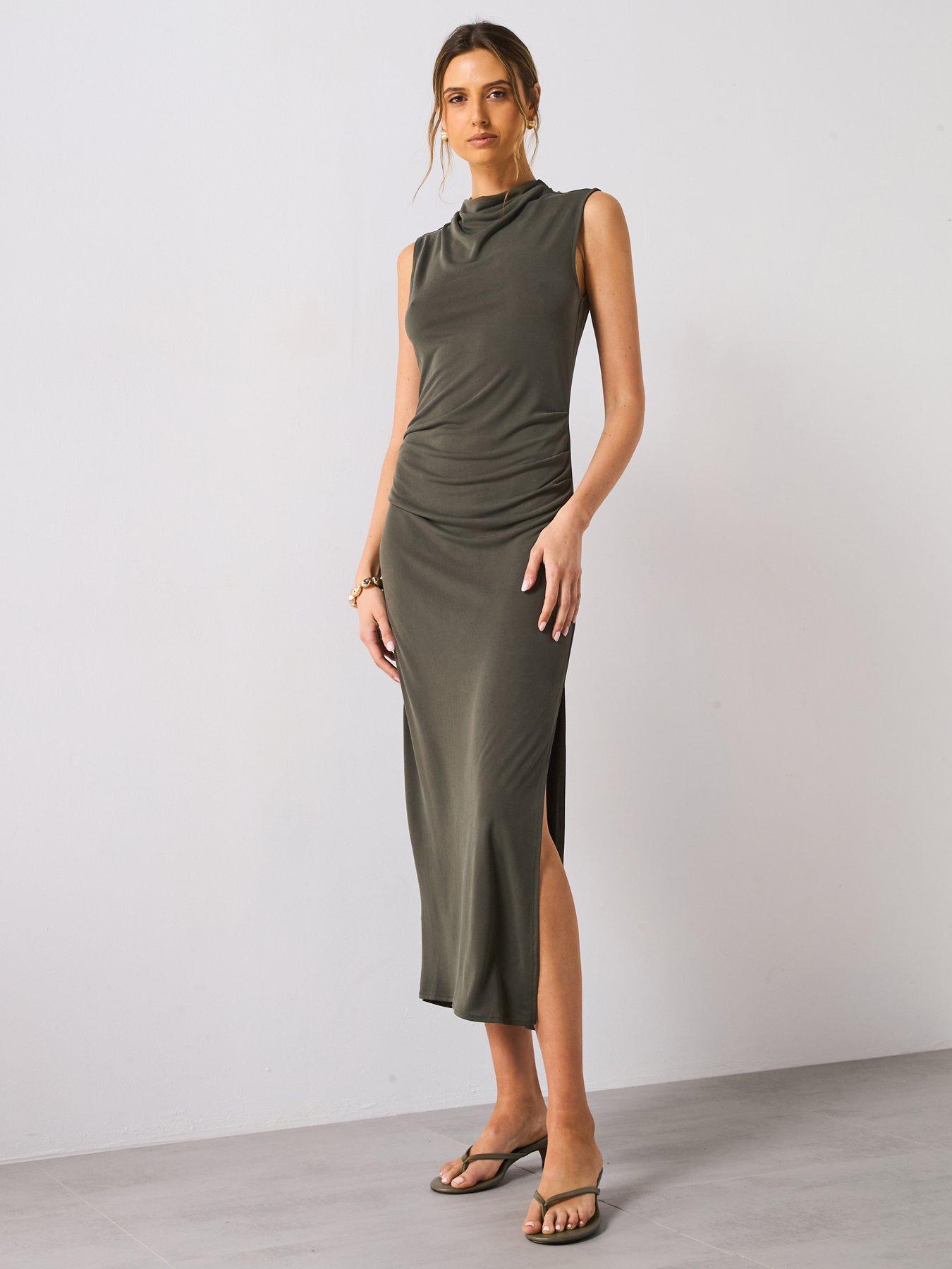open lace back dress MANGO Olive Green Asymmetric Ribbed Knit Dress UK L main image 1