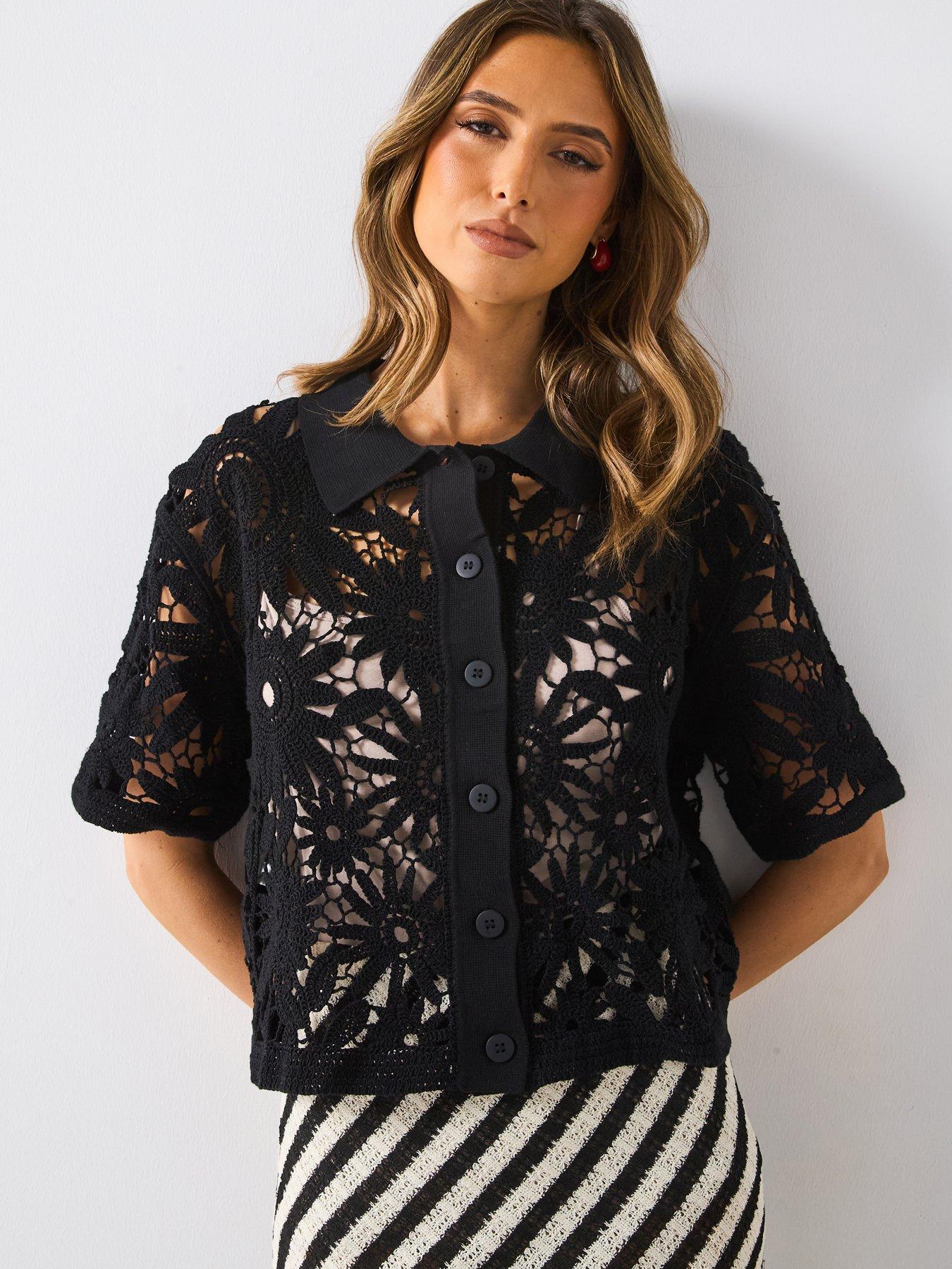 undefined Short Sleeved Crochet Cardigan - Black
