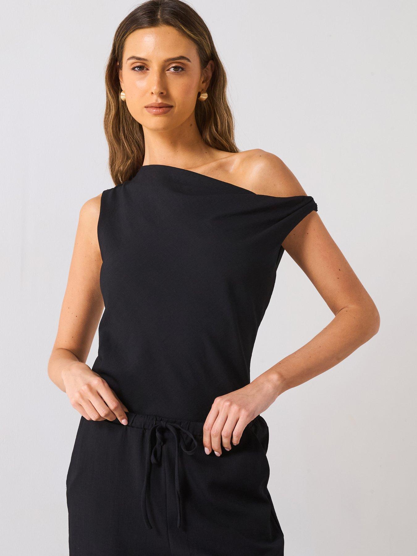 Mango Asymmetrical Draped Strap Top - Black