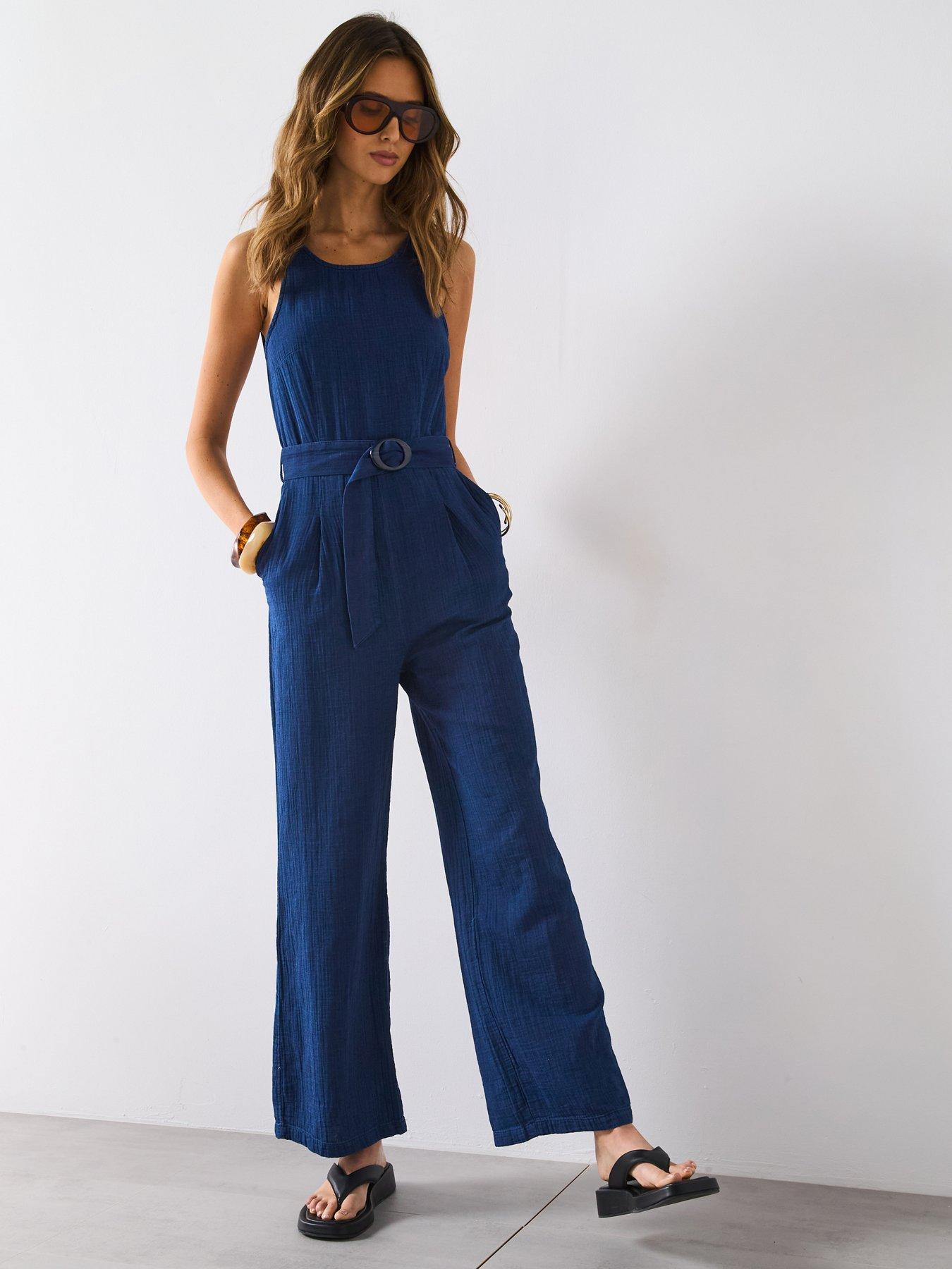 undefined Long Soft Denim Jumpsuit With Belt - Dark Blue