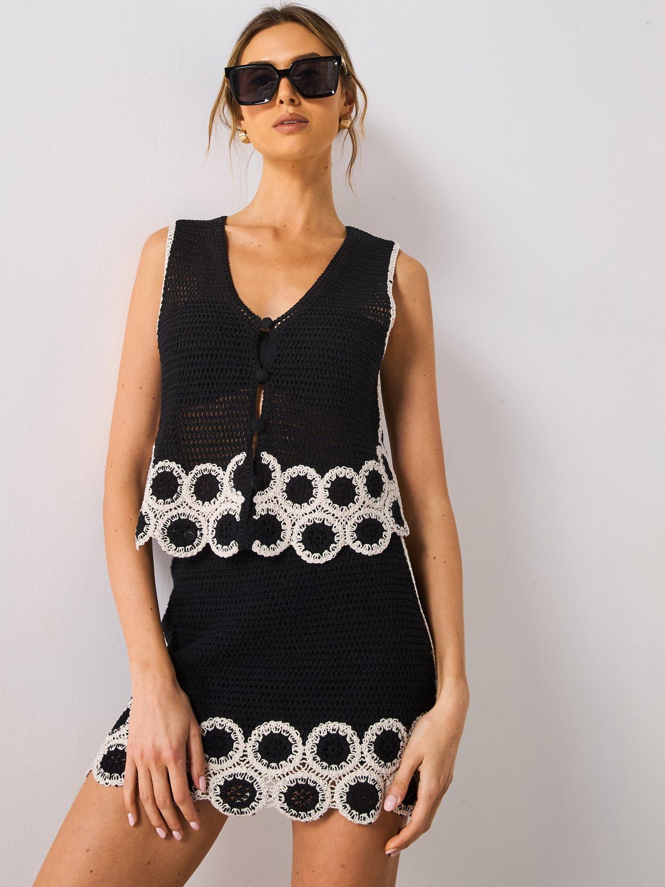 Mango Circular Print Crochet Vest - Black