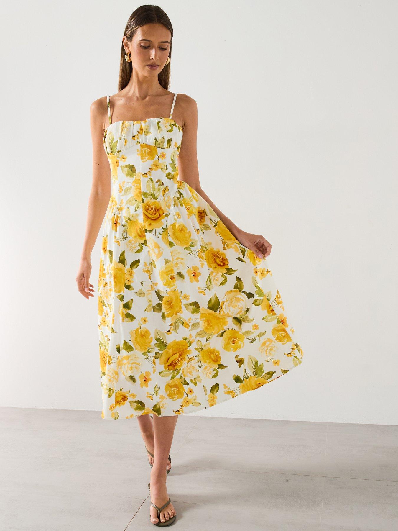 undefined Floral Midi Dress With Gathered Neckline - Yellow