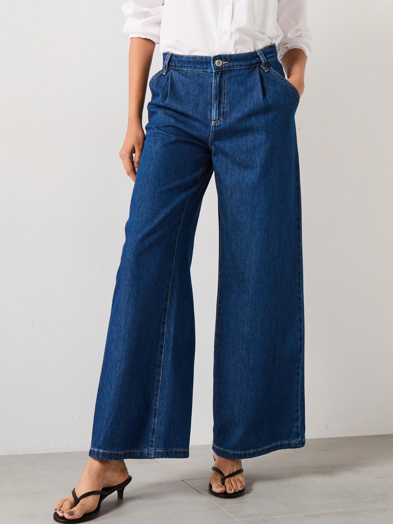 Image 1 of 6 of Mango Wide Leg Pleated Jeans - Dark Blue