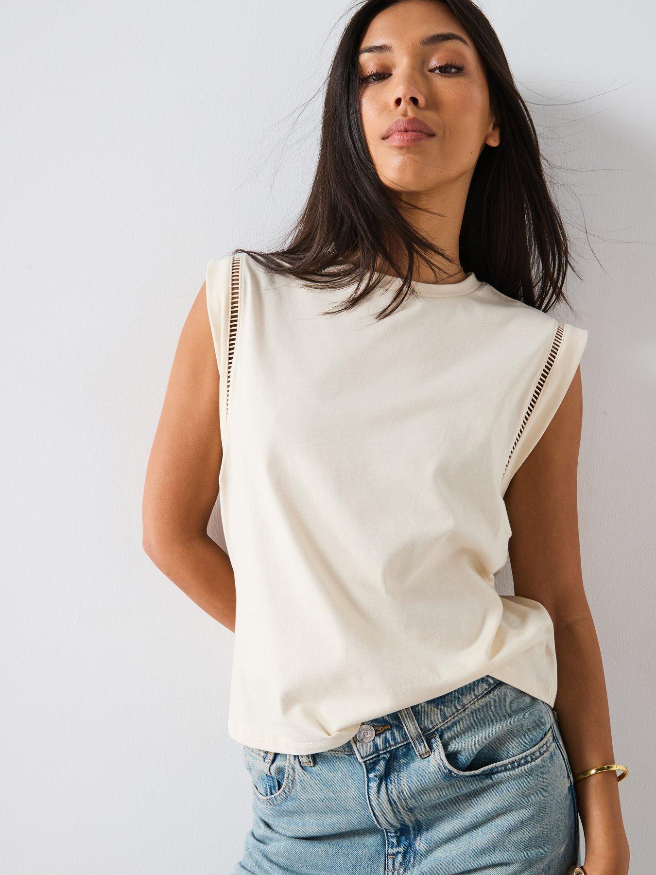undefined Cotton T-Shirt With Openwork Trim - Beige