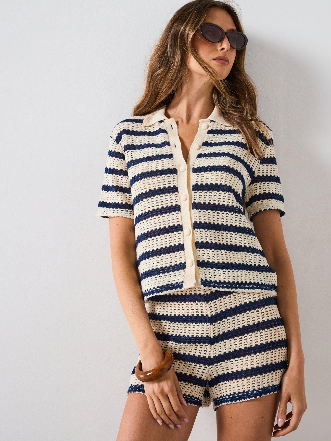 undefined Short Sleeve Striped Cardigan - Navy