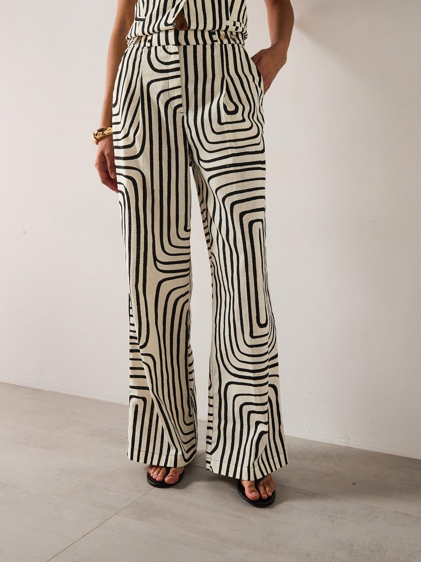 Mango Geometric Print Linen Trousers - Cream