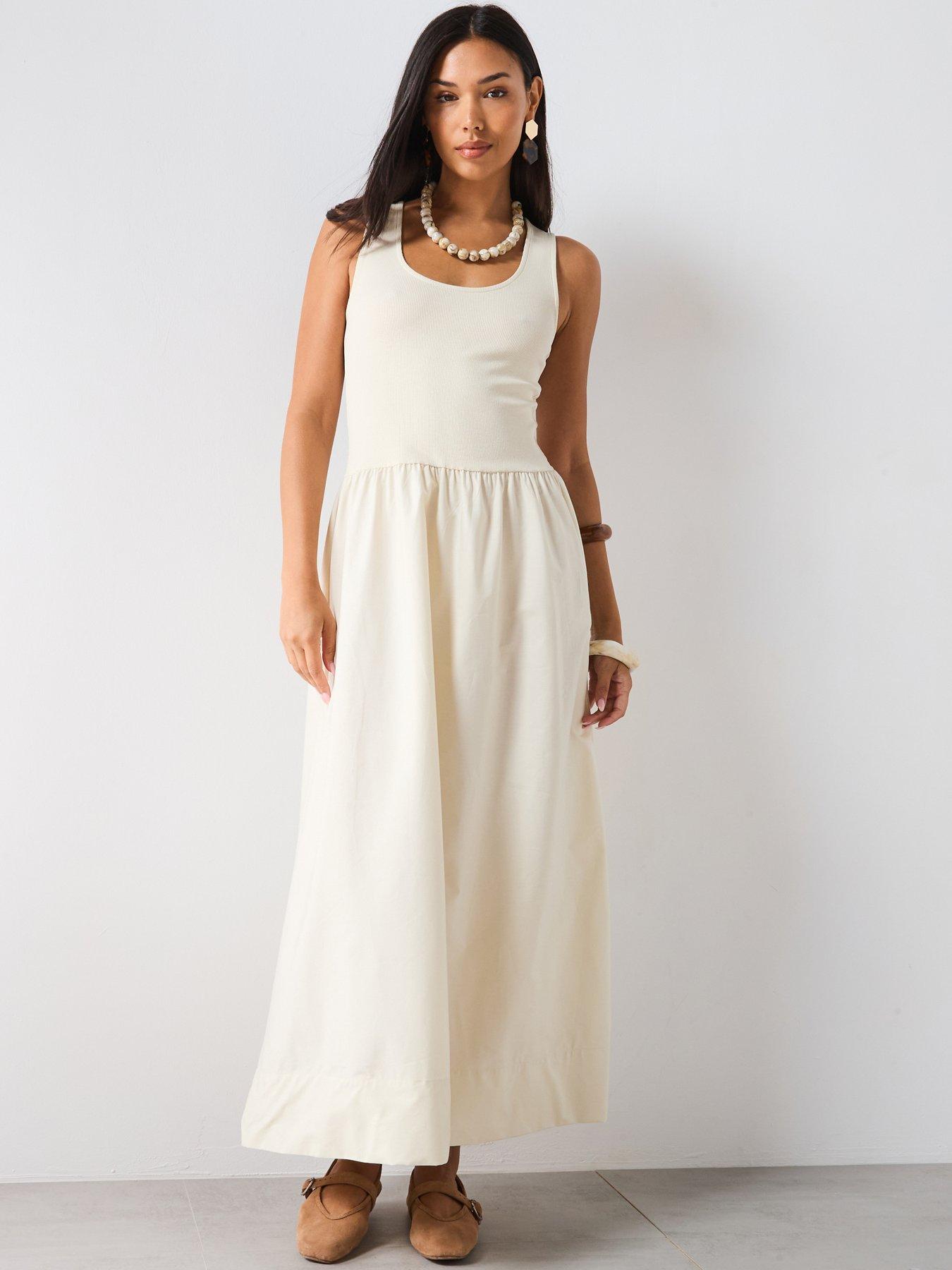 Mango Flared Dress In Combined Fabric - Cream | Very