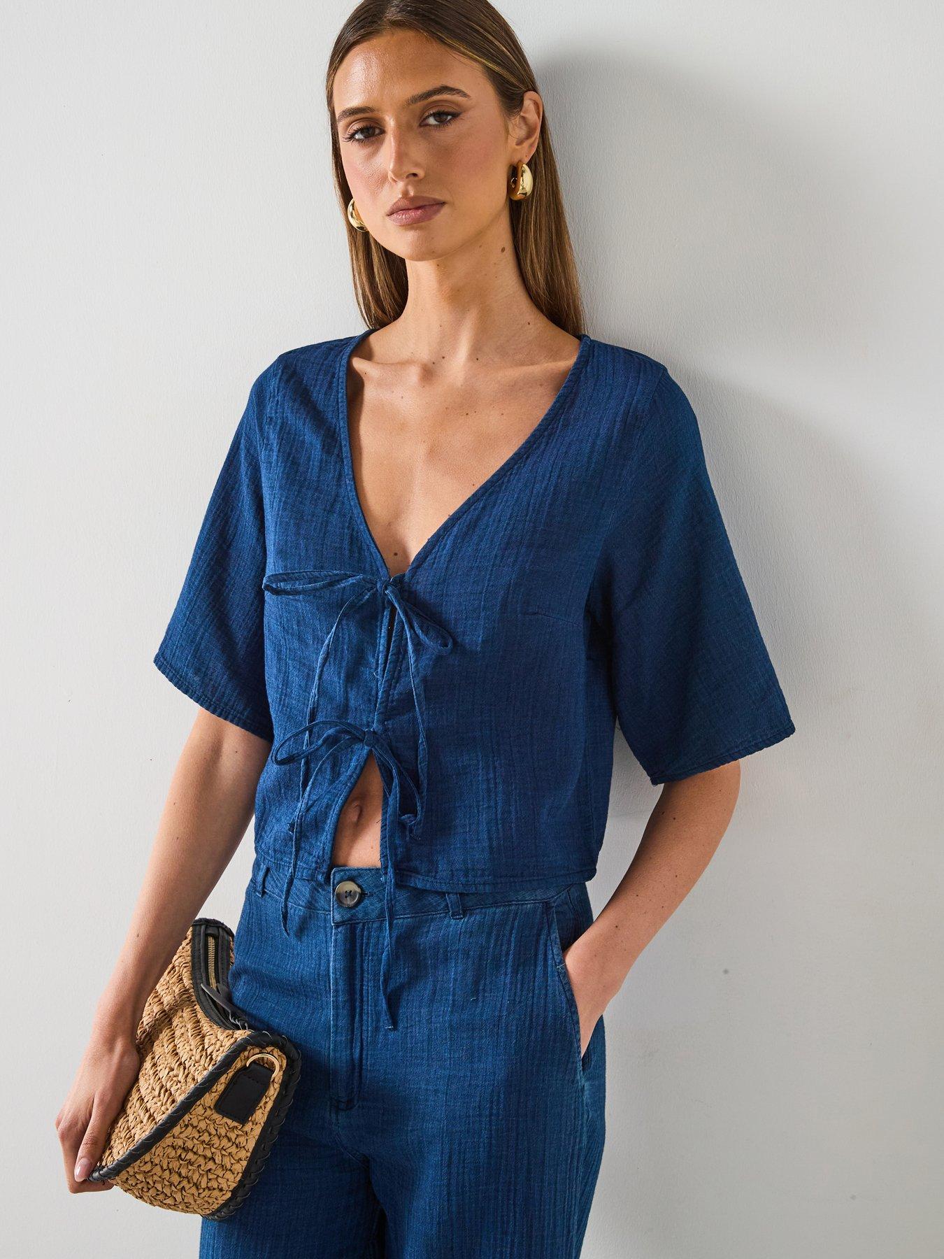 undefined Soft Denim Top With Tie Closure - Dark Blue