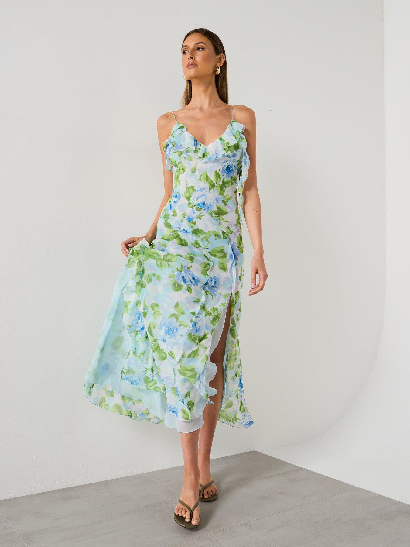 undefined Ruffled Floral Print Dress - Sky Blue