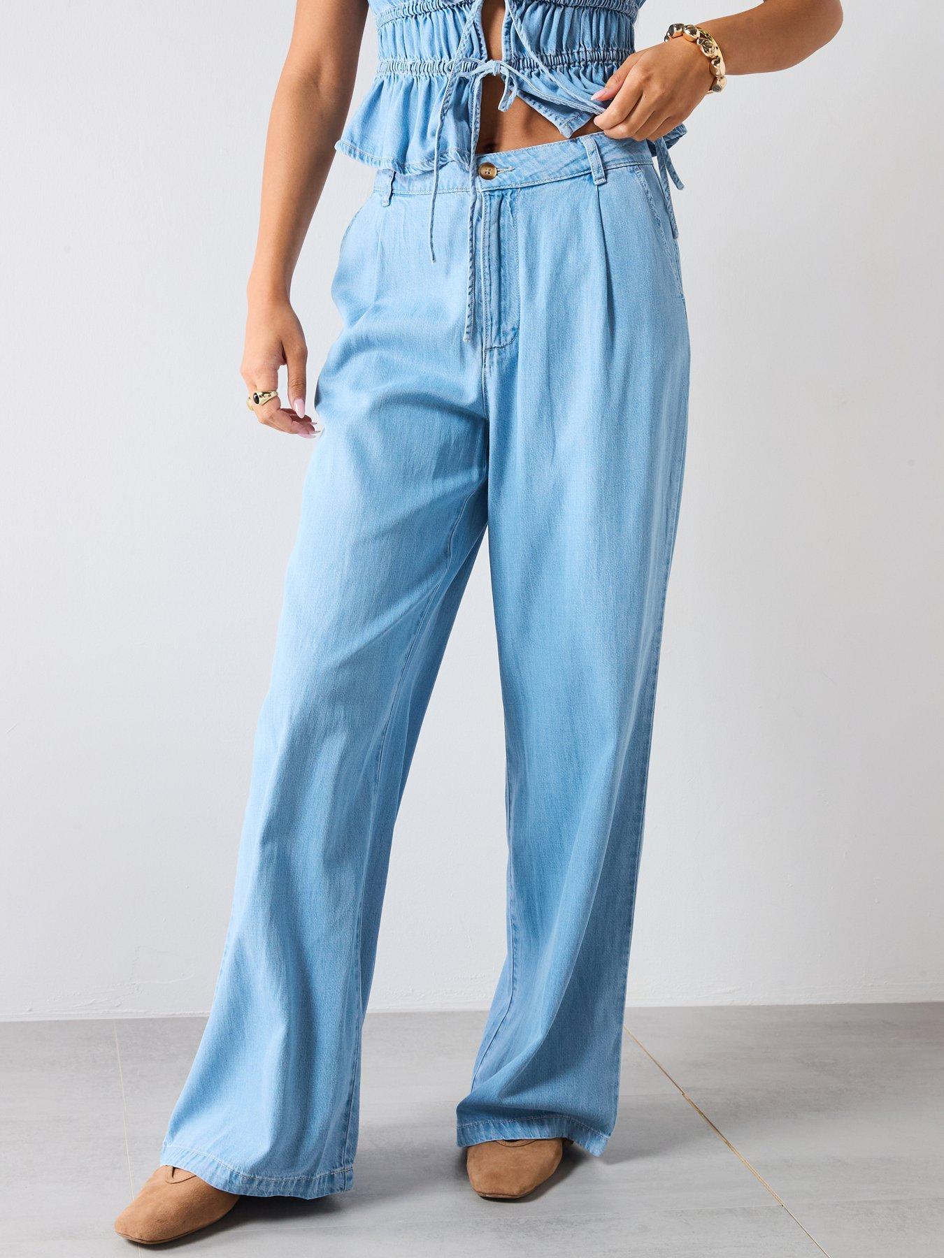 undefined Soft Denim Wide Leg Pants - Blue
