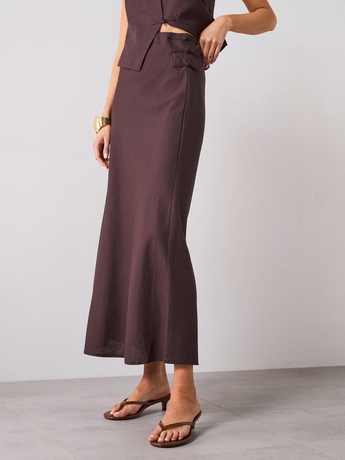 undefined Linen Blend Straight Skirt - Dark Brown