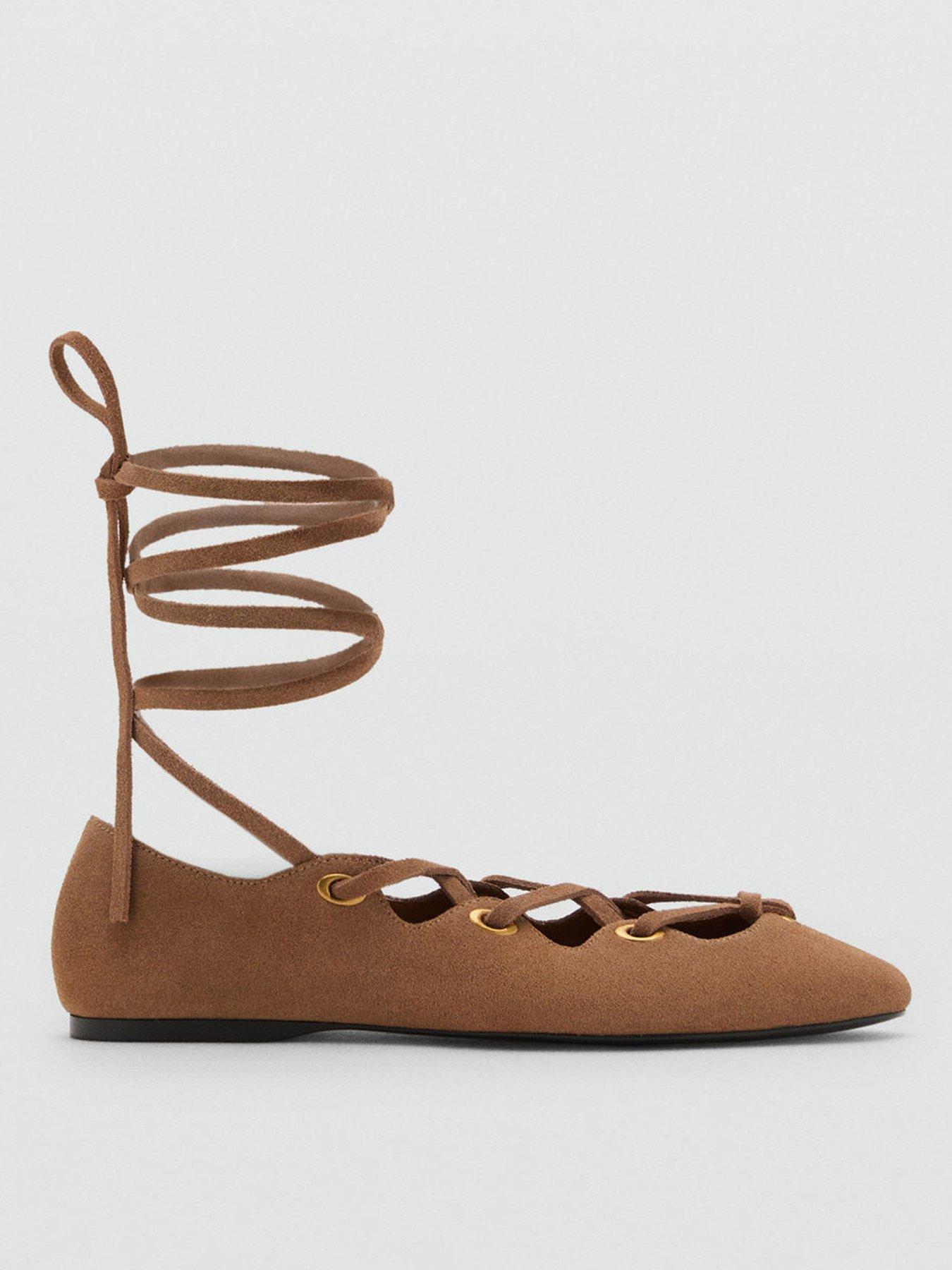 Image 1 of 4 of Mango Lace Up Suede Ballerina - Beige