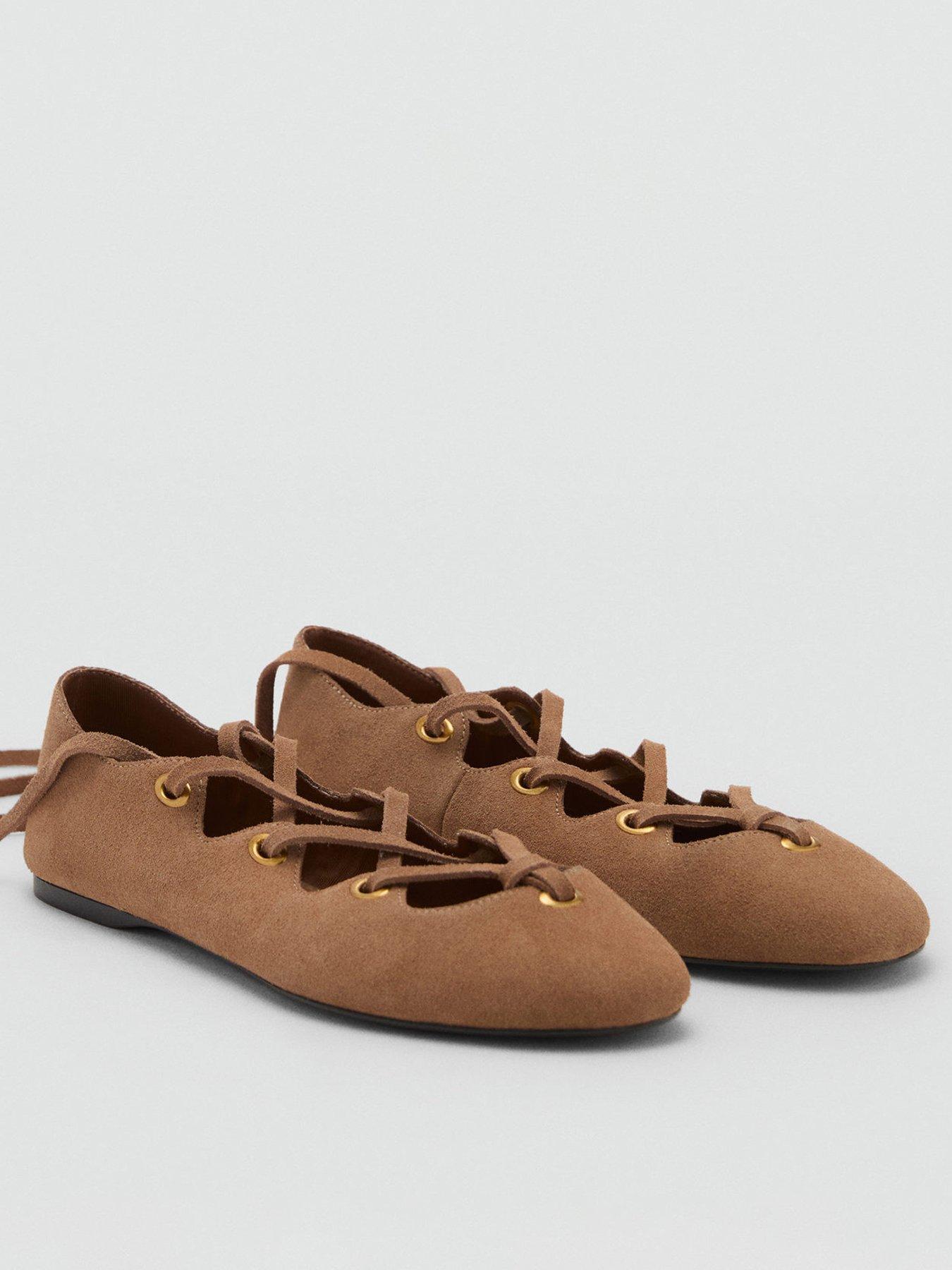 Image 2 of 4 of Mango Lace Up Suede Ballerina - Beige