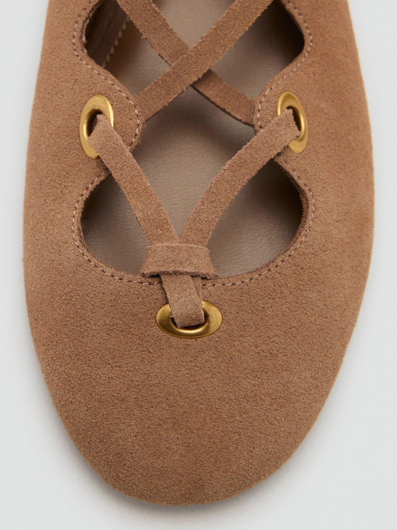 Image 4 of 4 of Mango Lace Up Suede Ballerina - Beige