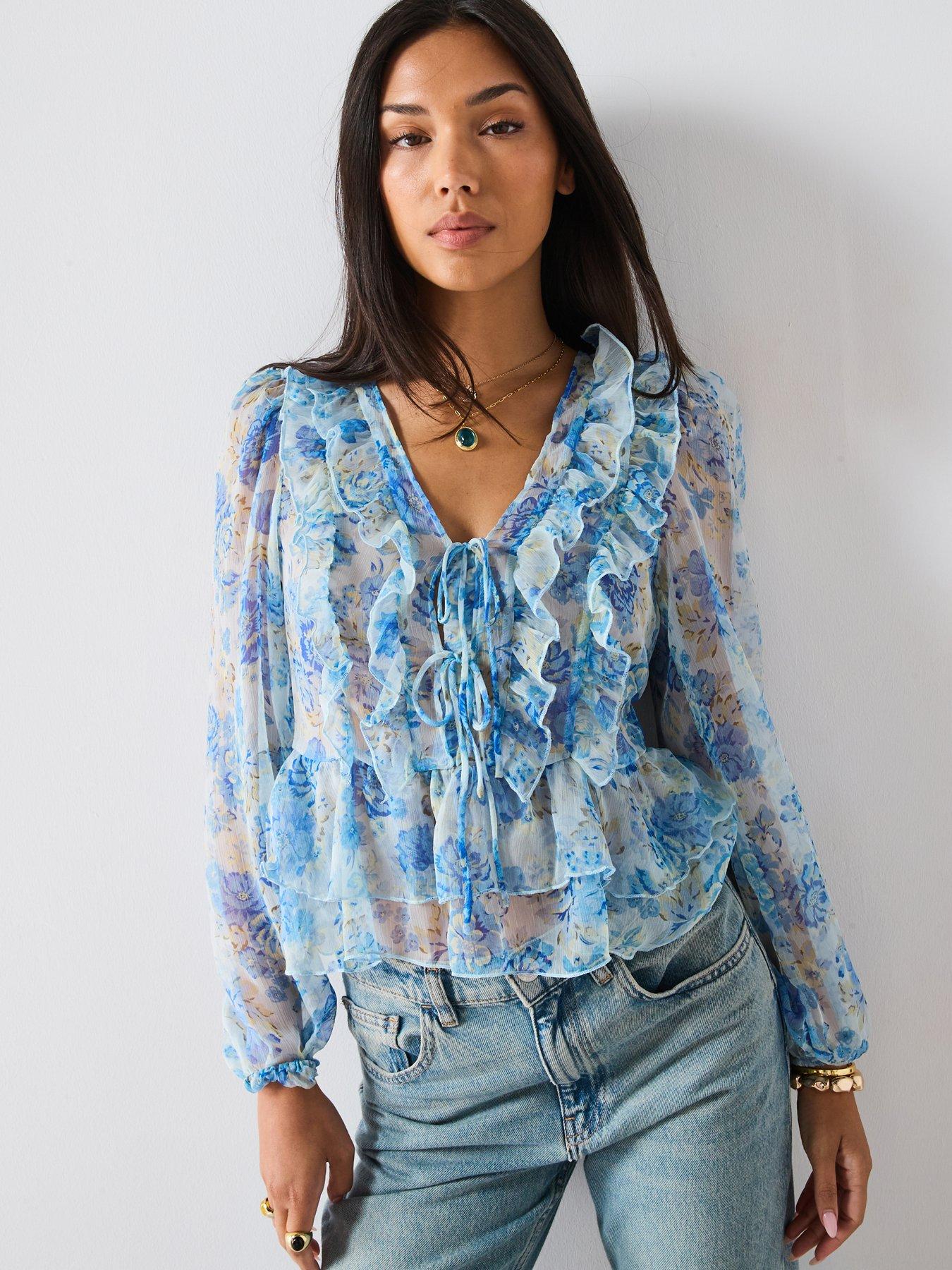Mango Floral Ruffled Blouse - Sky Blue