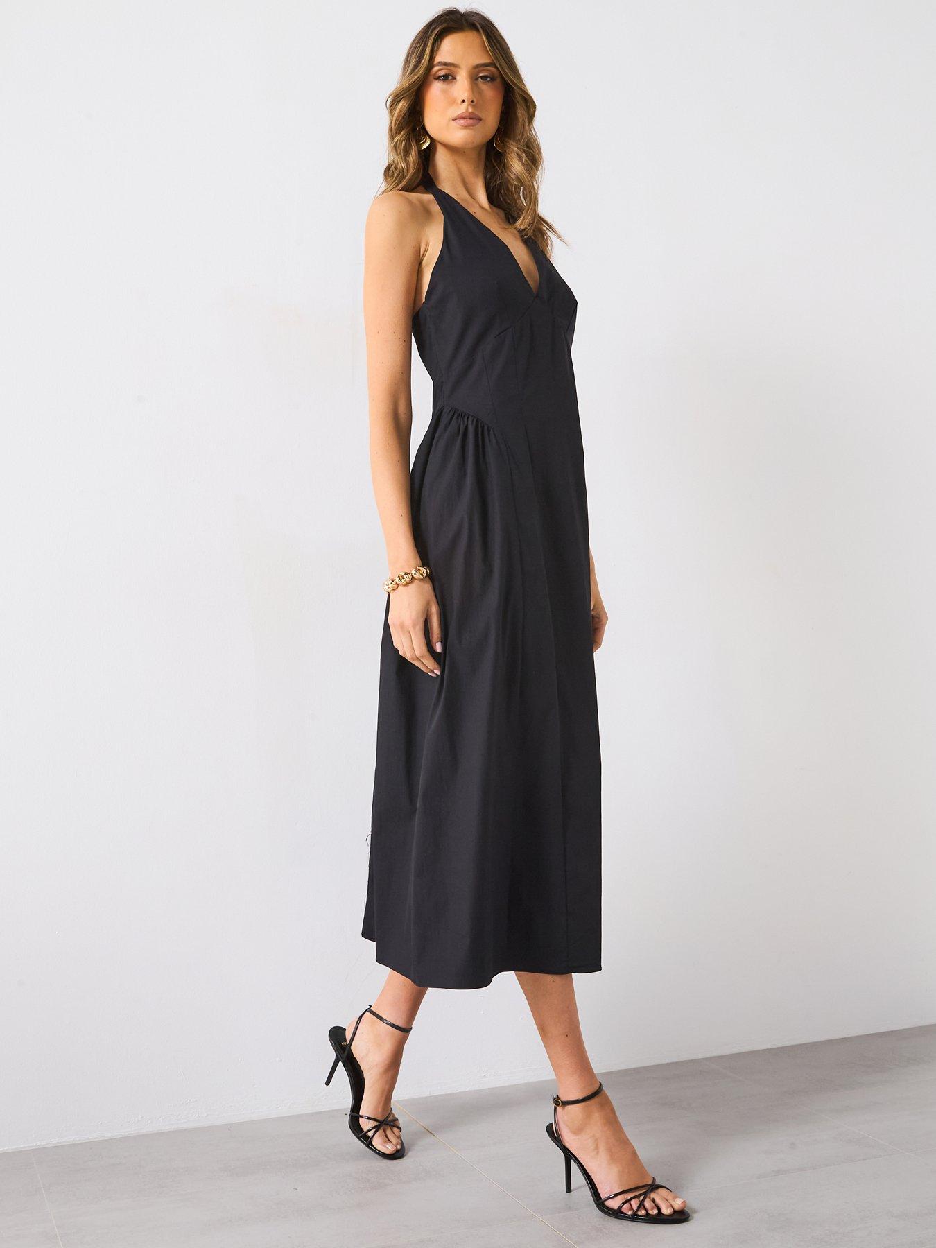 Black Eyelet Halter Tent Style Cotton Midi Dress