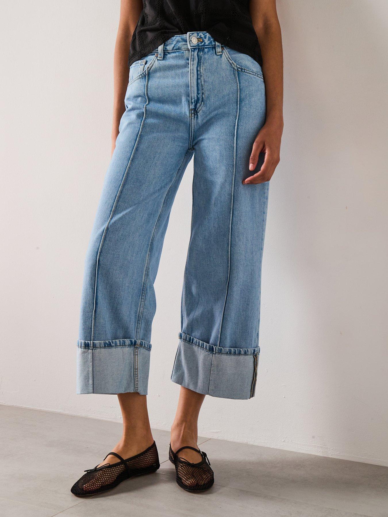 Image 1 of 6 of Mango Wide Leg Crop Jeans With Turned Up Hem - Blue