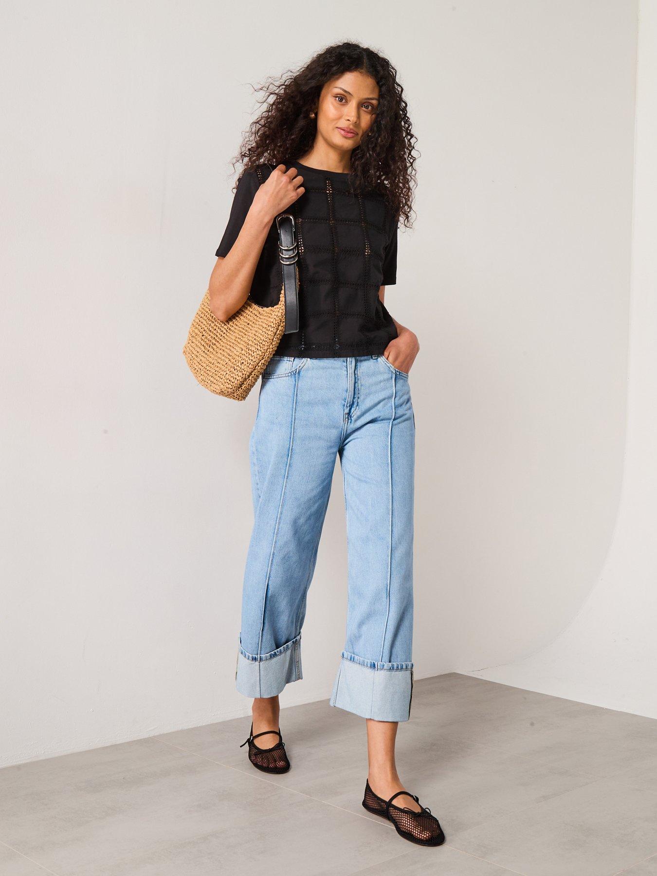 Image 3 of 6 of Mango Wide Leg Crop Jeans With Turned Up Hem - Blue