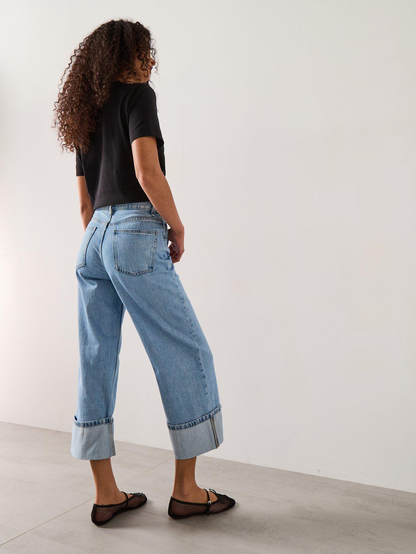 Image 5 of 6 of Mango Wide Leg Crop Jeans With Turned Up Hem - Blue