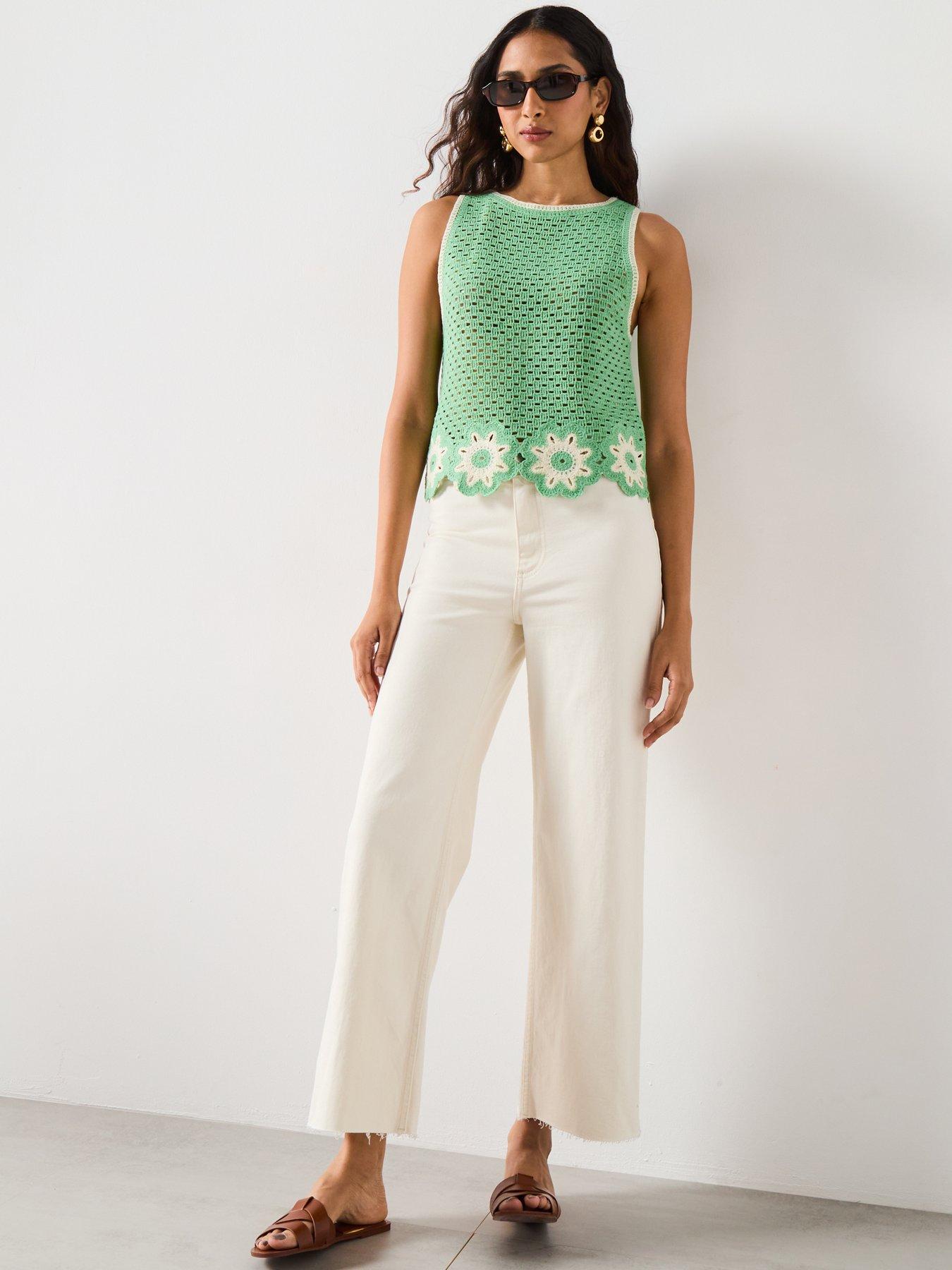 Mango Crochet Top With Floral Finishes - Light Green | Very