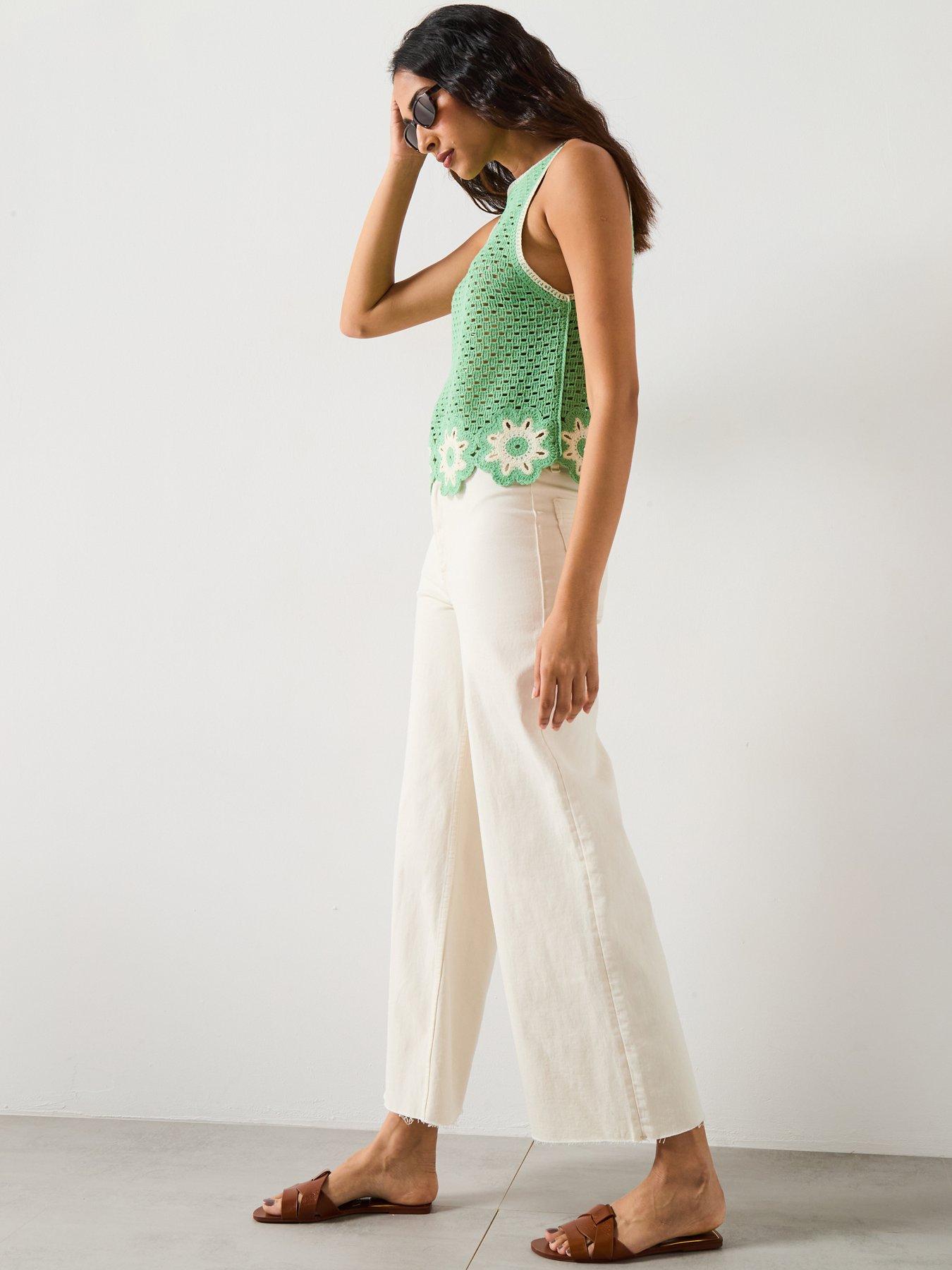 Mango Crochet Top With Floral Finishes - Light Green | Very