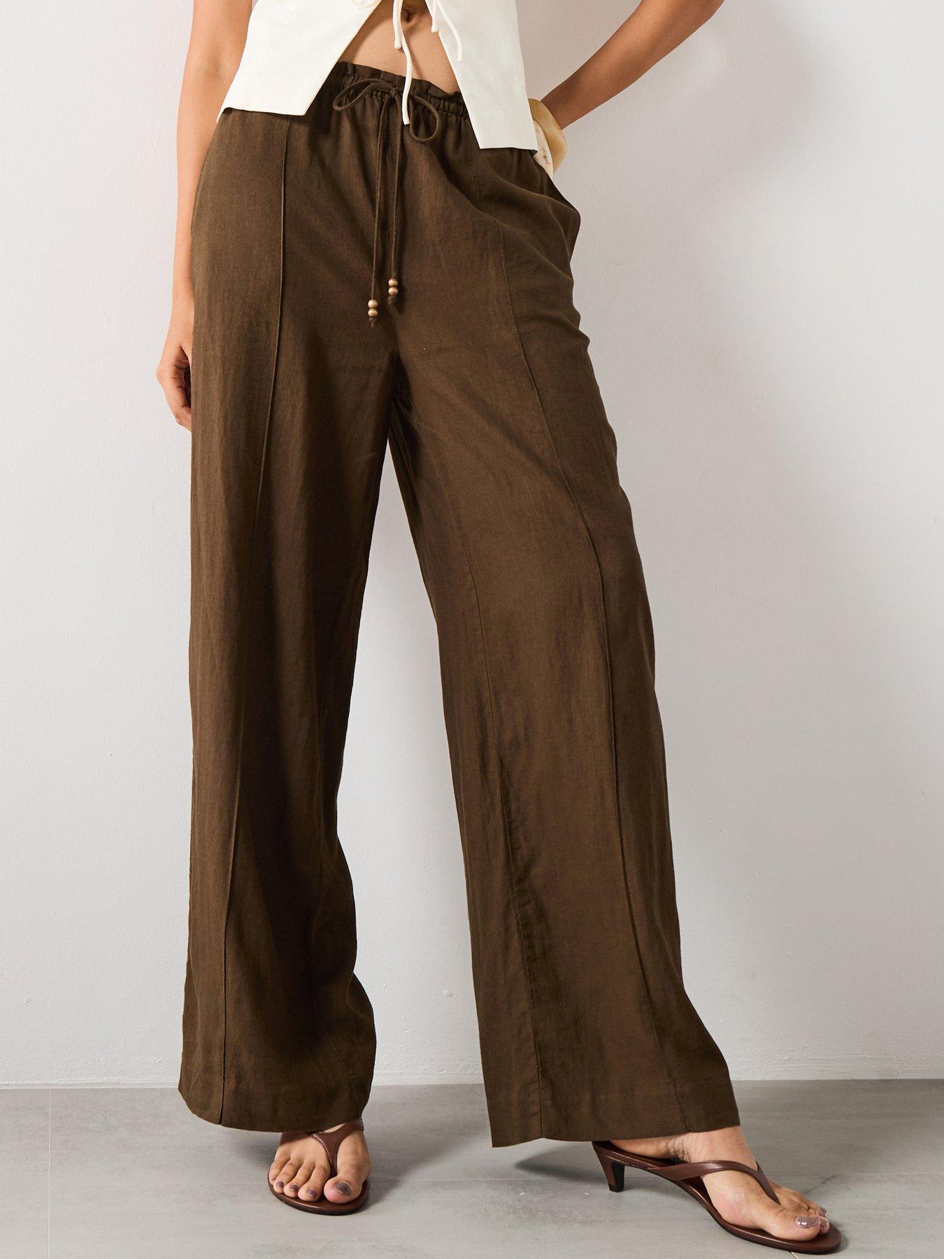 undefined Linen Blend Elastic Waist Trousers