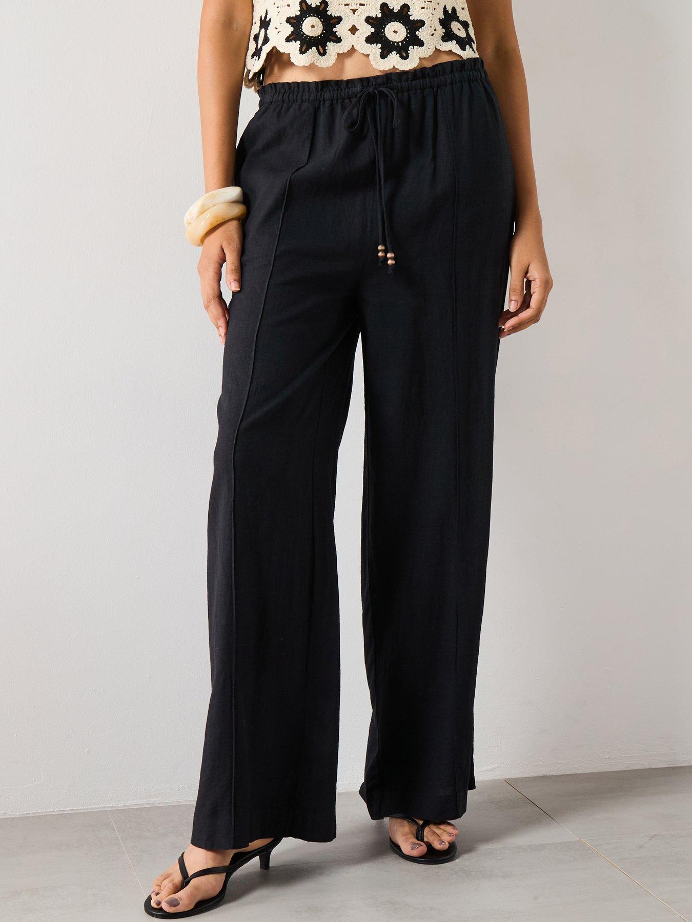 undefined Linen Blend Elastic Waist Trousers