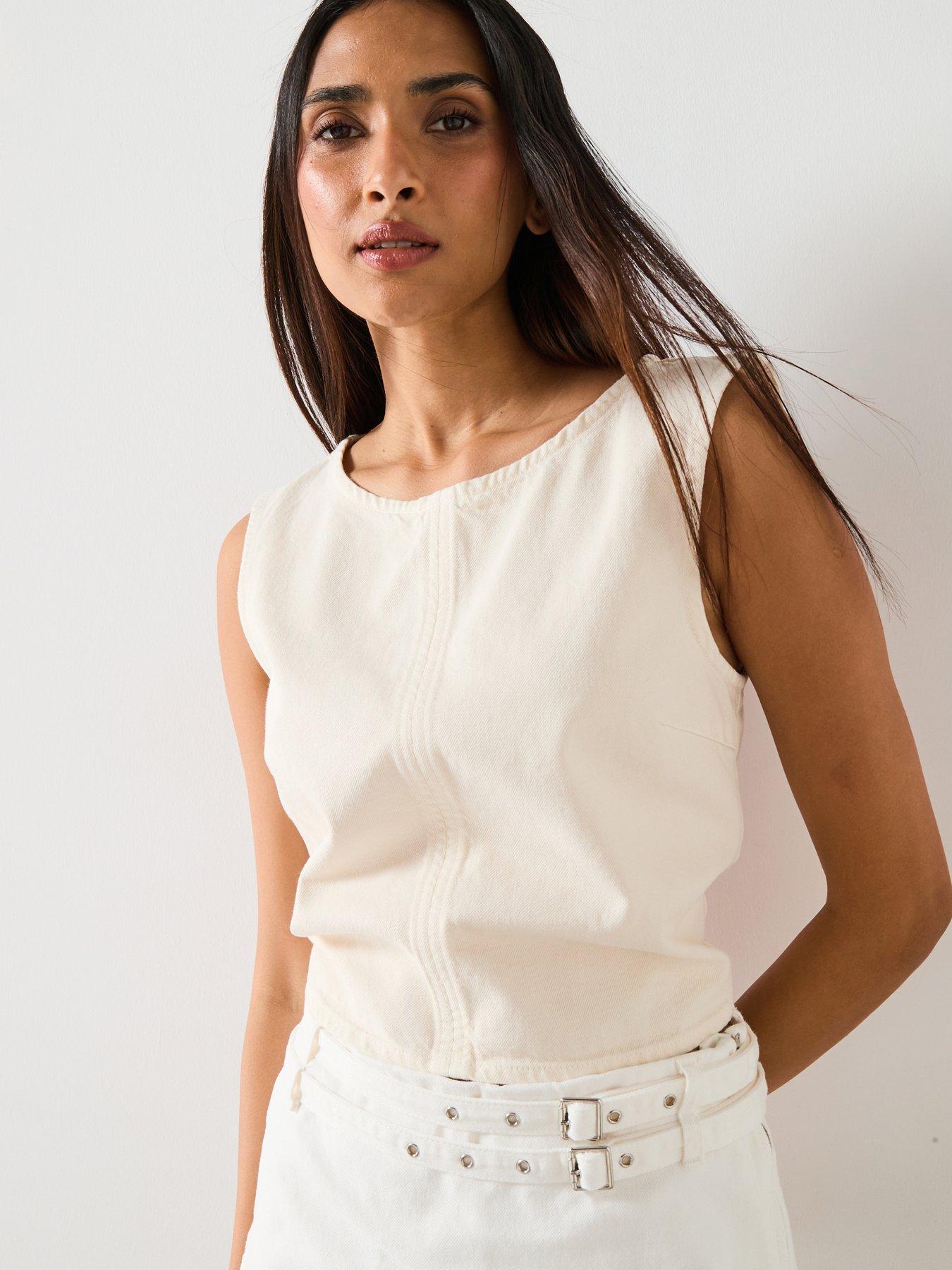 undefined Denim Crop Top With Buckle Closure - Cream