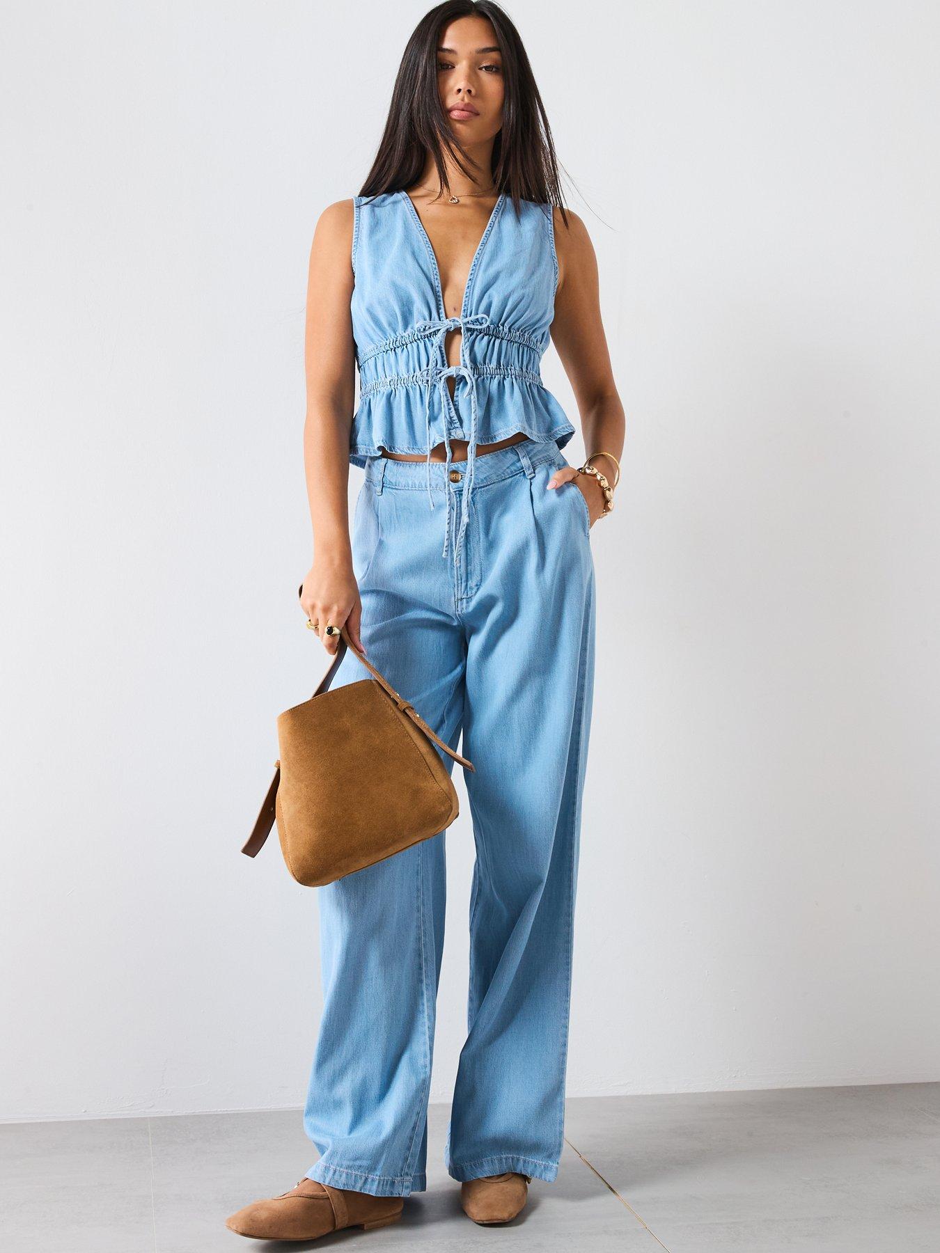 Image 3 of 6 of Mango Soft Denim Top With Tie Closure - Blue