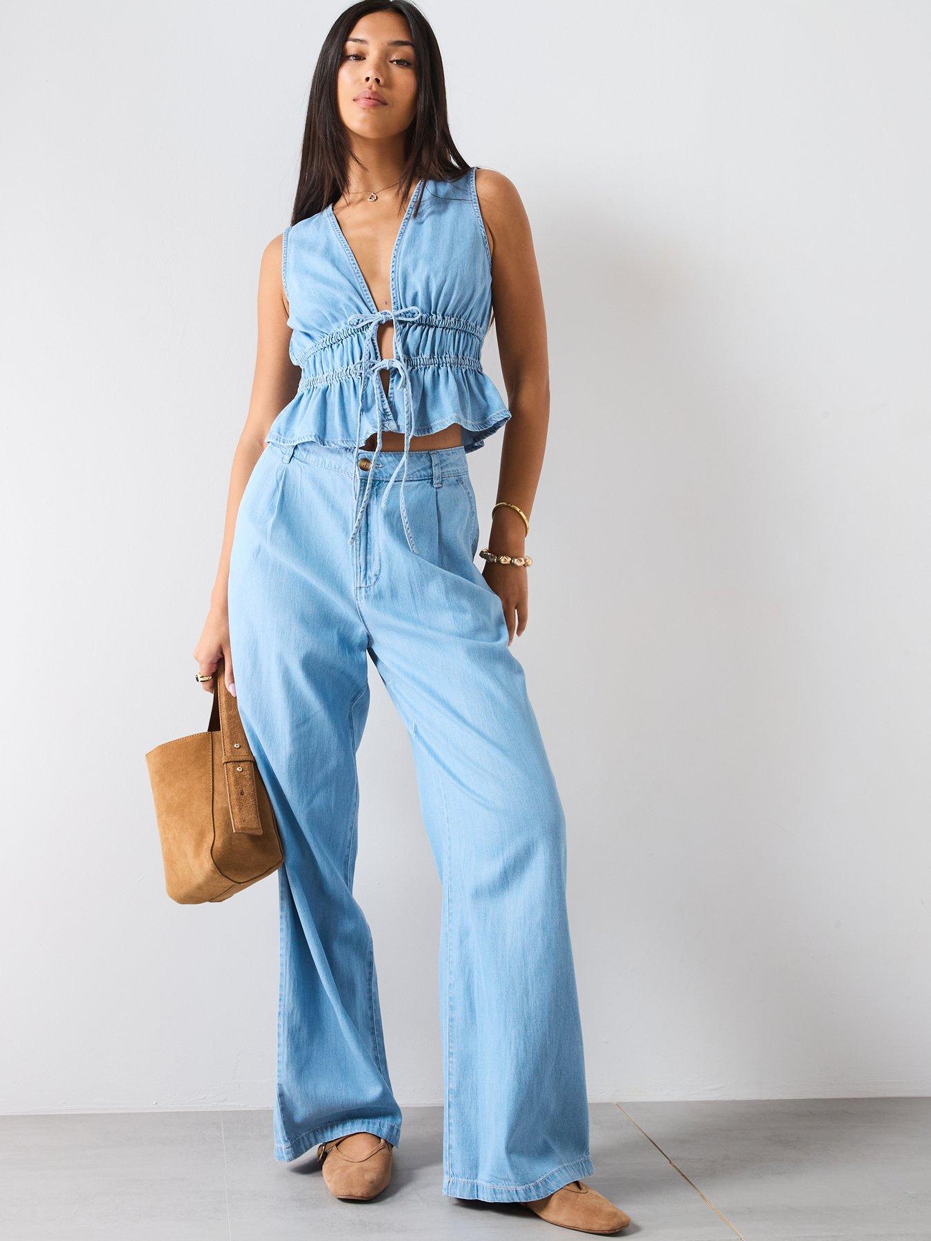 Image 4 of 6 of Mango Soft Denim Top With Tie Closure - Blue