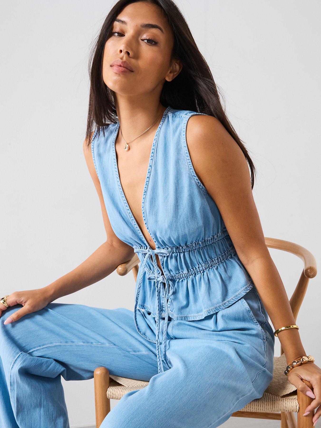 Image 5 of 6 of Mango Soft Denim Top With Tie Closure - Blue