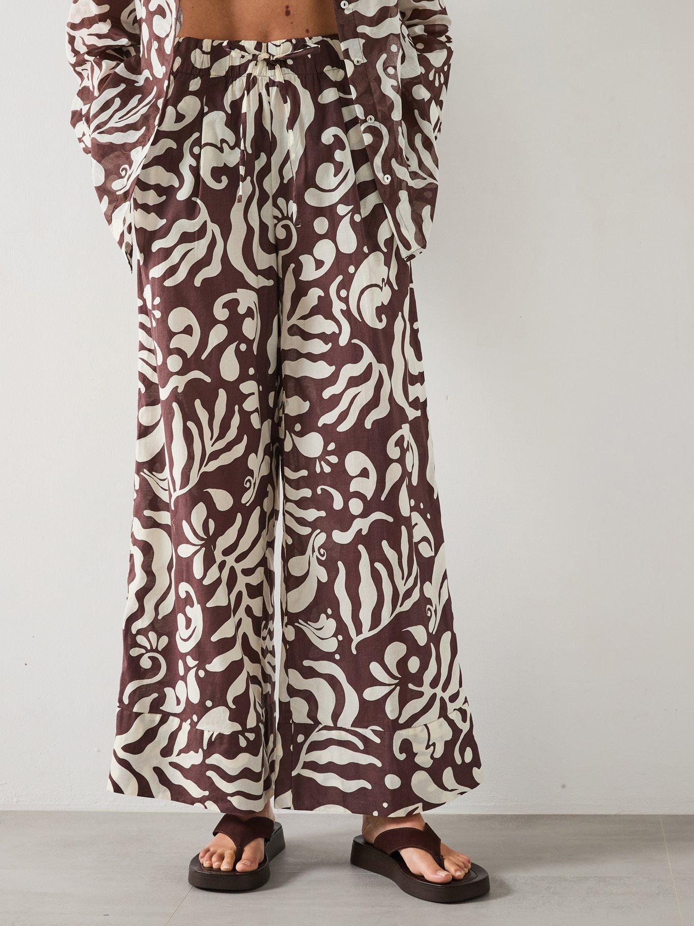 Mango Printed Cotton Trousers - Brown