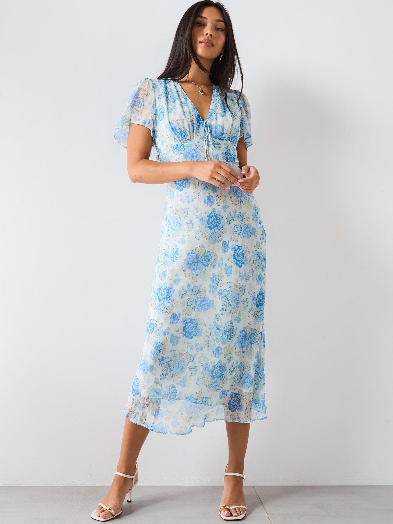 Mango Long Floral Dress With Short Sleeves - Blue | Very