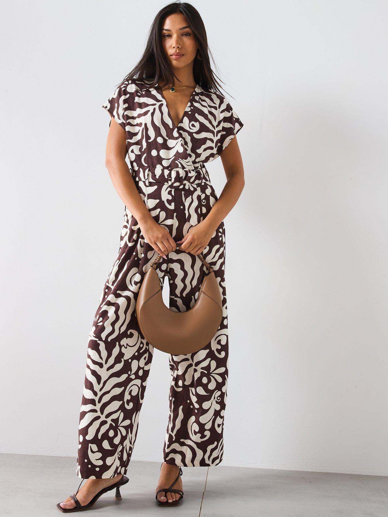 undefined Printed Linen Jumpsuit With Belt