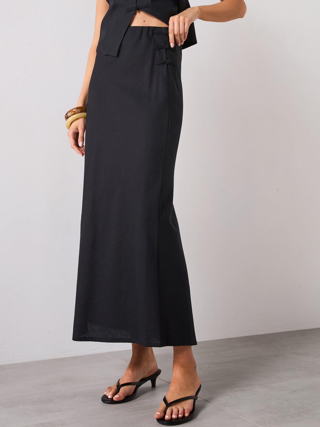 undefined Linen Blend Straight Skirt - Black