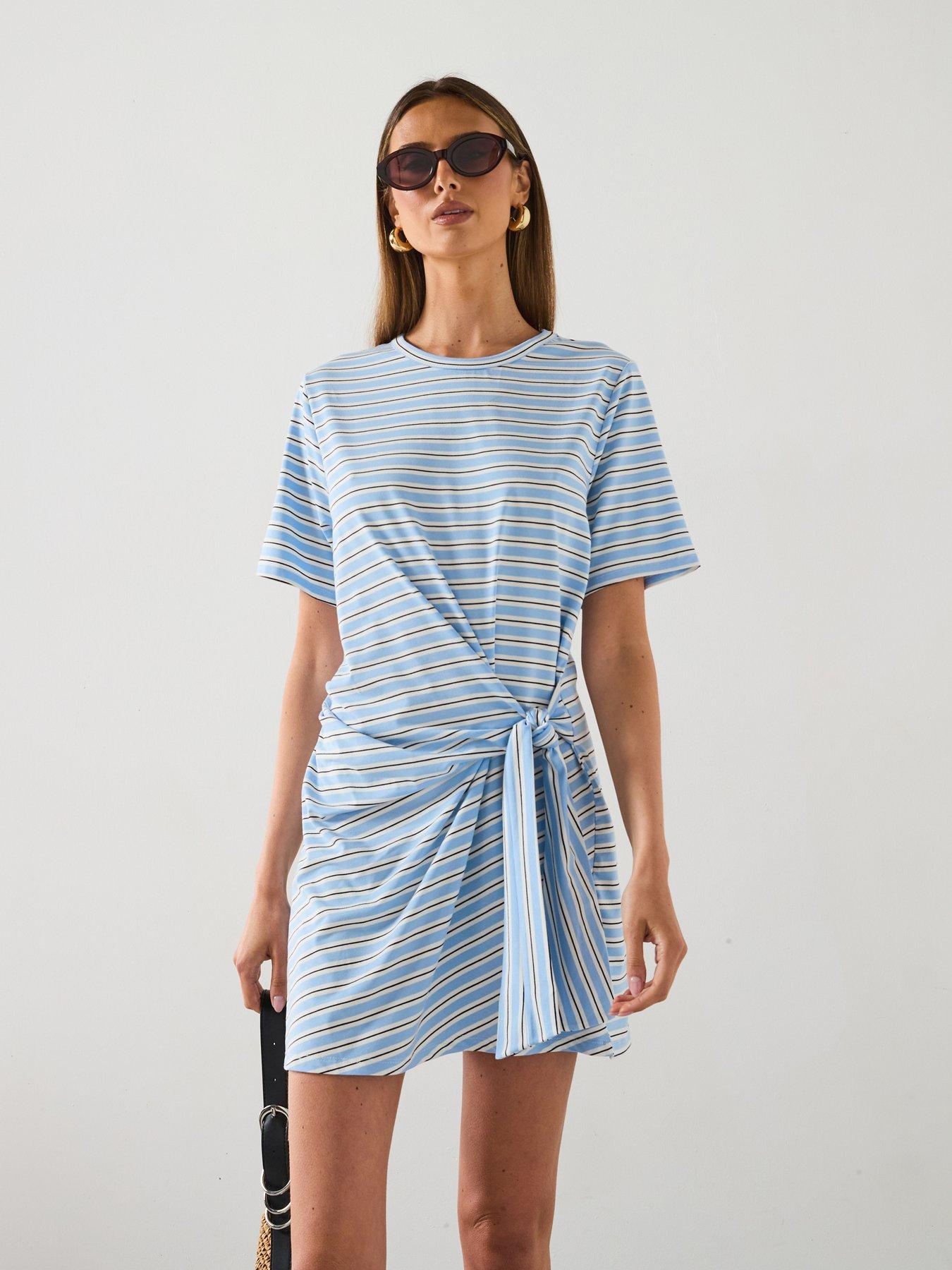 blue chiffon dress midi Collar Detail Mix Midi Dress-Navy, Ivory Stripe main image 1
