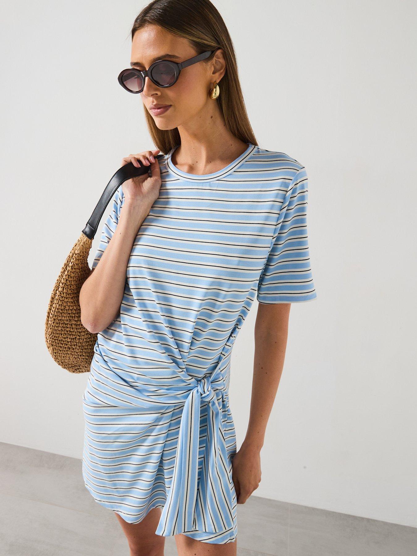 Mango Short Striped Dress With Knot - Sky Blue | Very