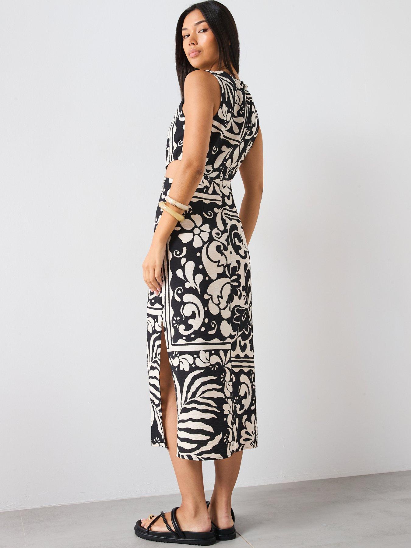 Image 2 of 6 of Mango Printed Dress With Cut Out - Black