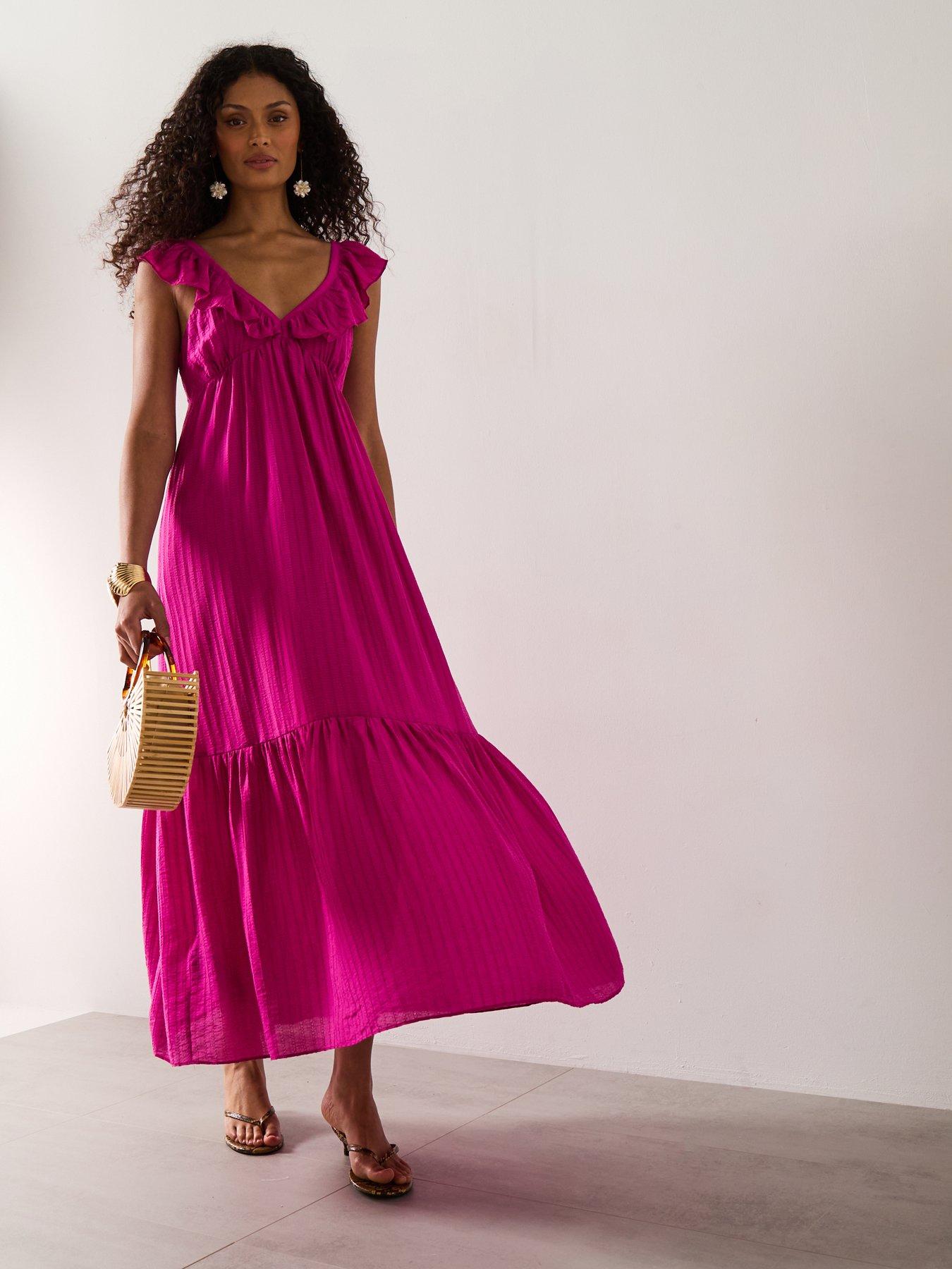 Mango: Long Dress With Ruffle Neckline - Pink