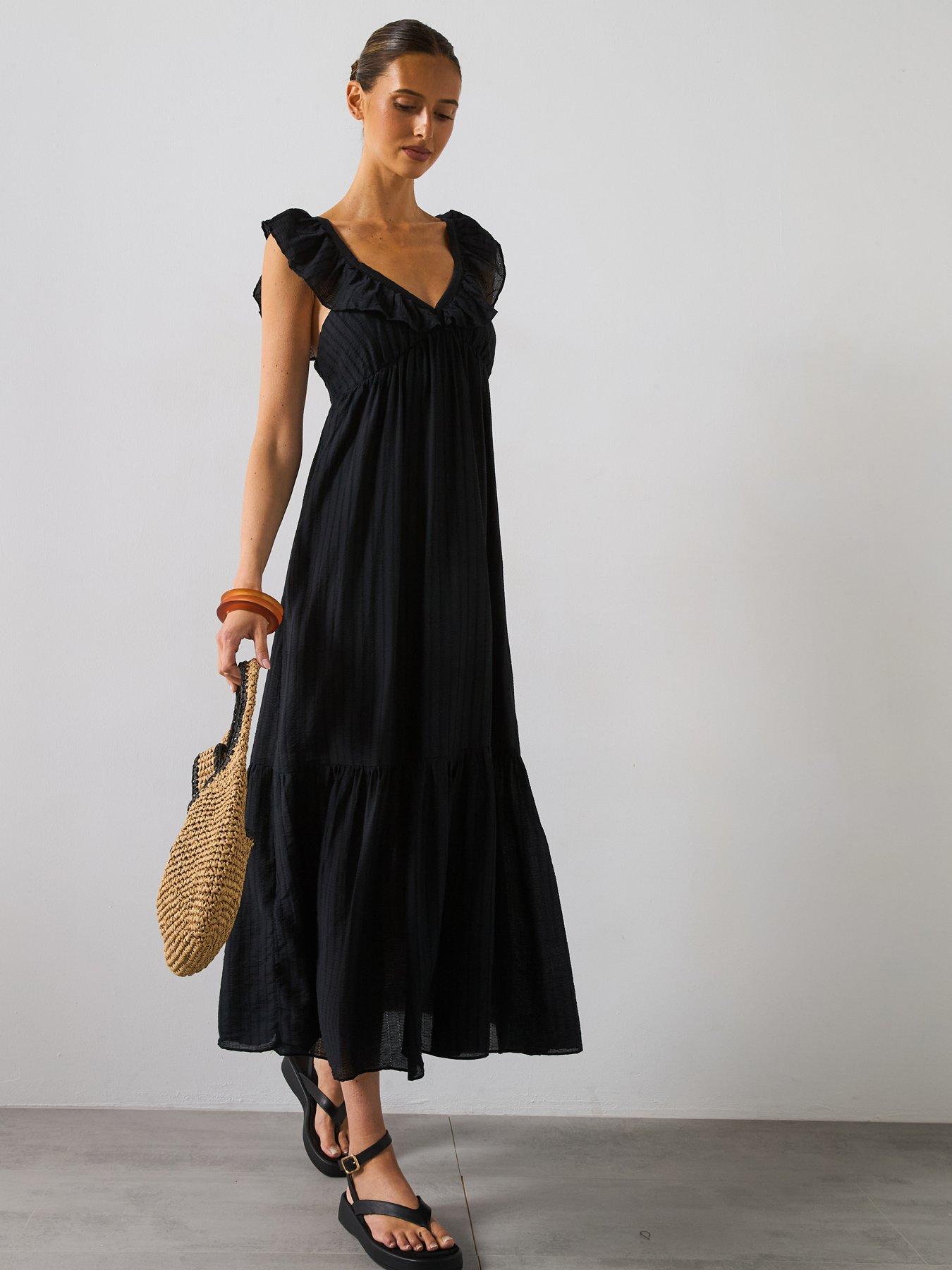 Mango Frill V-Neck Midi Dress - Black