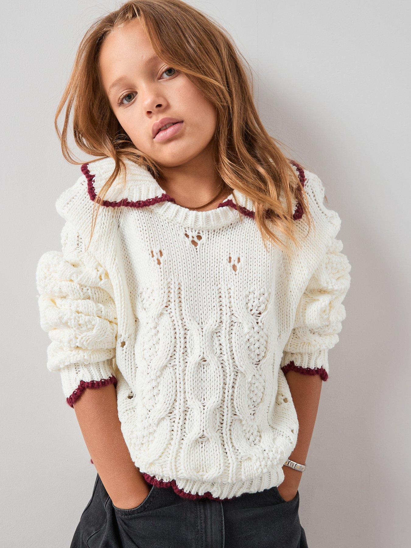 The Very Collection Girls Cable Knit Hem Contrast Jumper with Collar - Cream